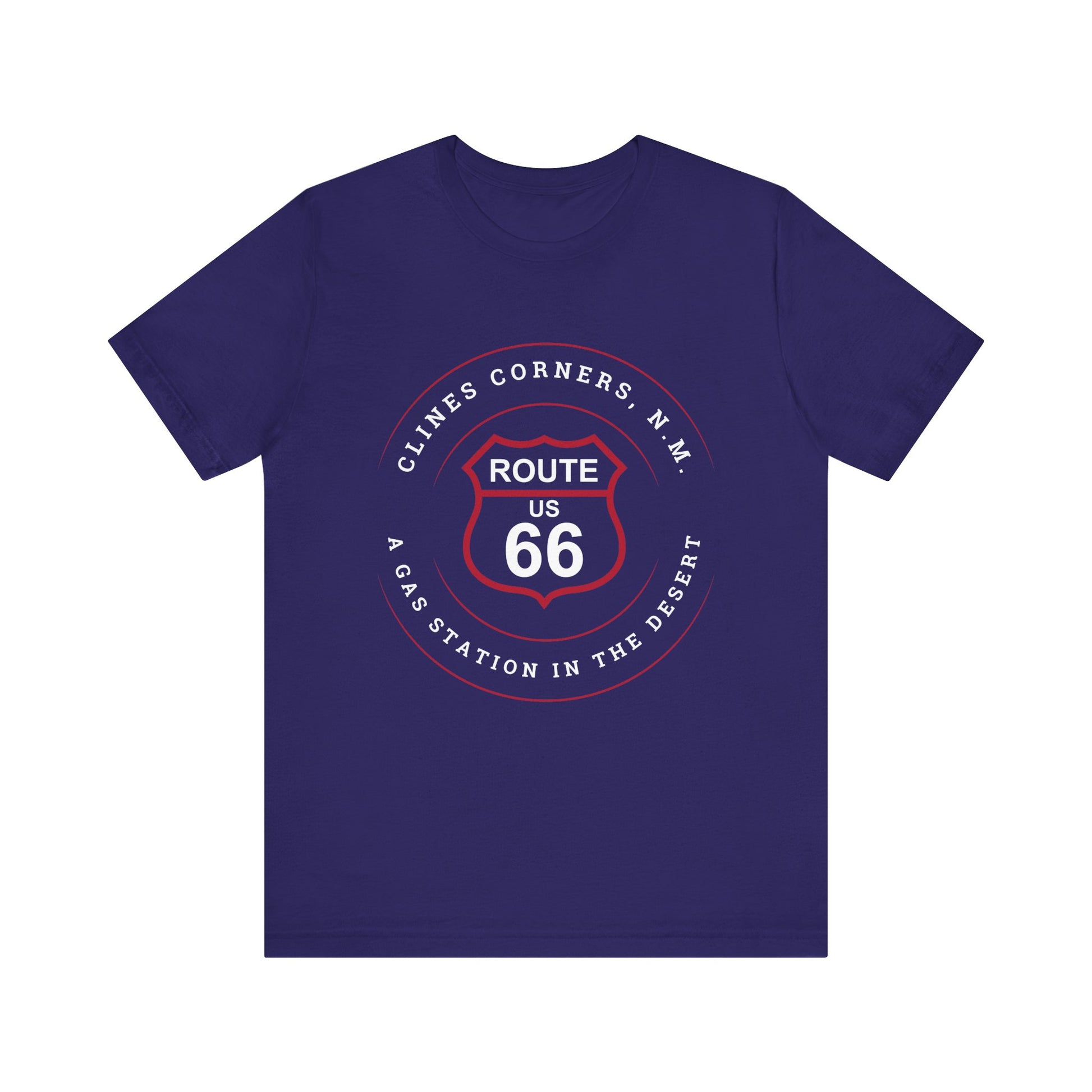Team navy retro Route 66 unisex jersey tee with Clines Corner, NM: A Gas Station in the Desert graphic