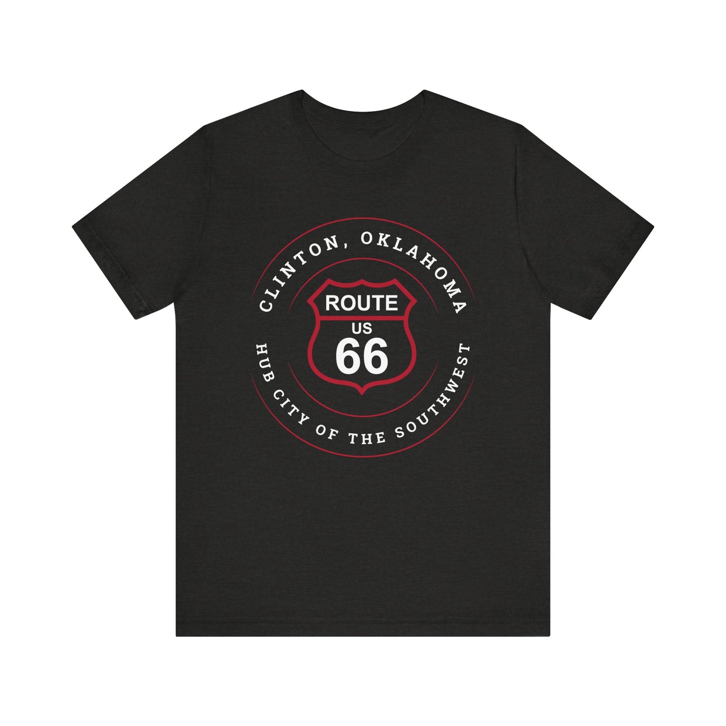 Black heather retro Route 66 unisex jersey tee with Clinton, OK: "Hub City of the Southwest" design