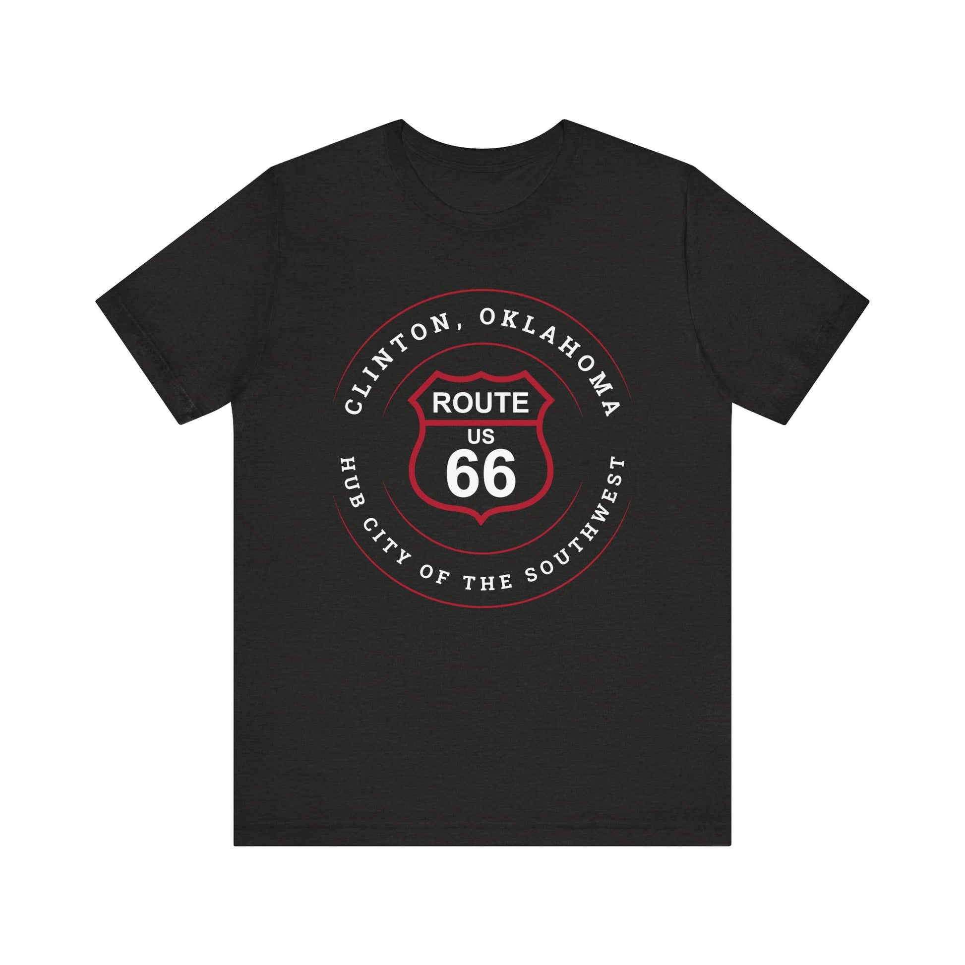 Black heather retro Route 66 unisex jersey tee with Clinton, OK: "Hub City of the Southwest" design