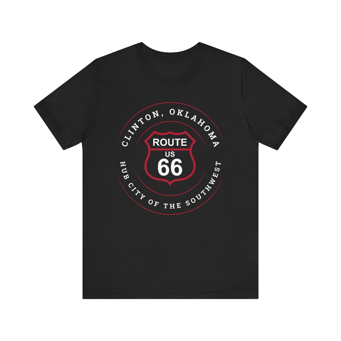 Black retro Route 66 unisex jersey tee with Clinton, OK: "Hub City of the Southwest" design