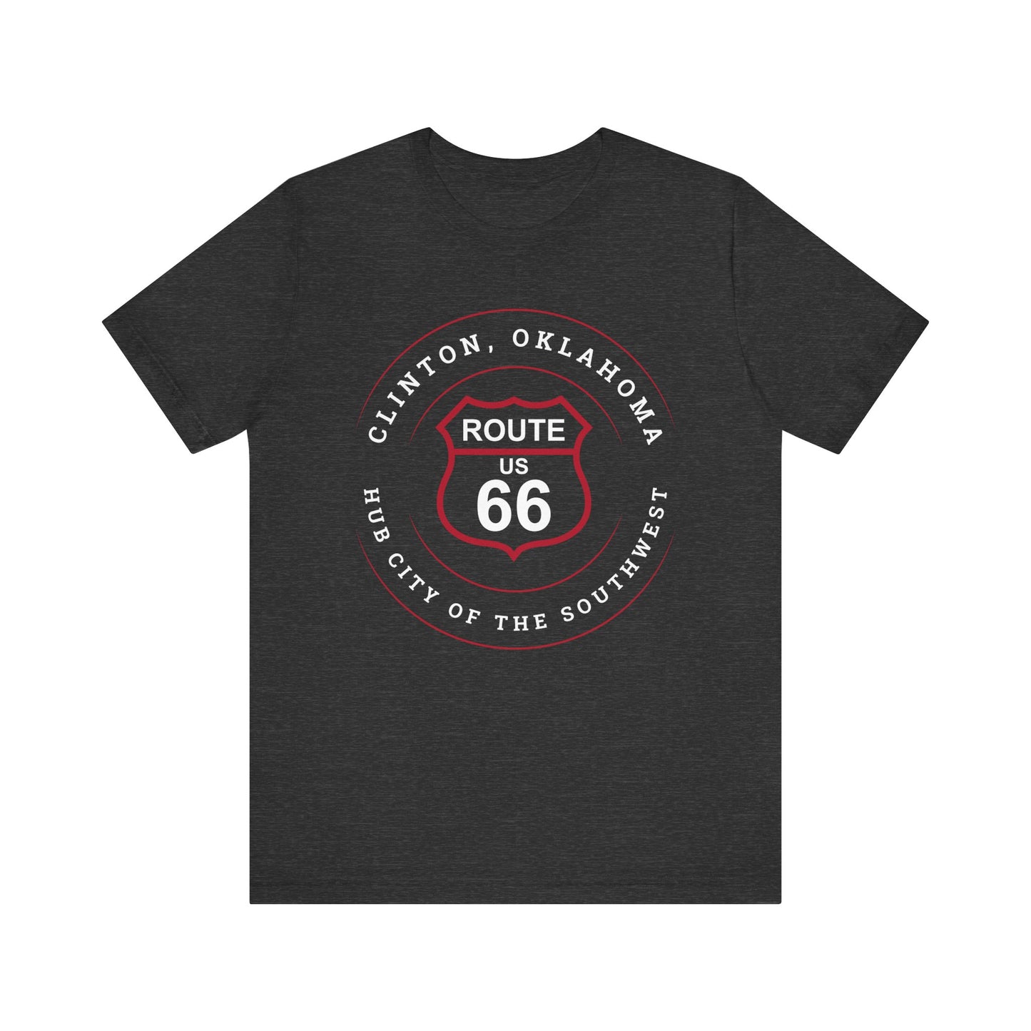 Dark grey heather retro Route 66 unisex jersey tee with Clinton, OK: "Hub City of the Southwest" design