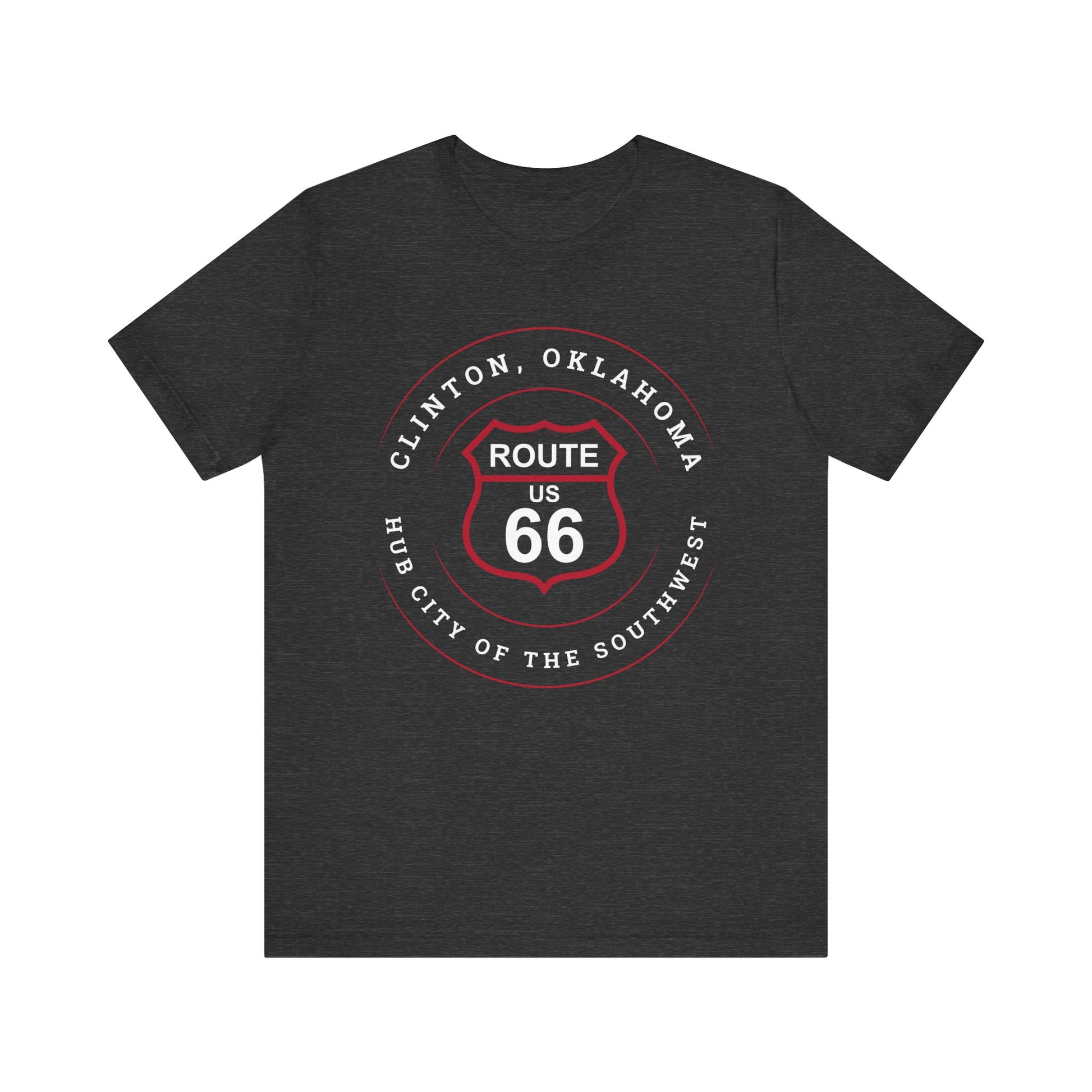 Dark grey heather retro Route 66 unisex jersey tee with Clinton, OK: "Hub City of the Southwest" design