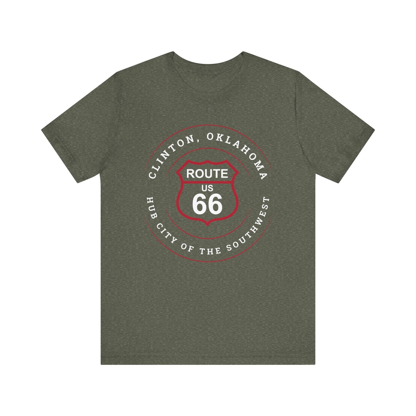Heather military green retro Route 66 unisex jersey tee with Clinton, OK: "Hub City of the Southwest" design