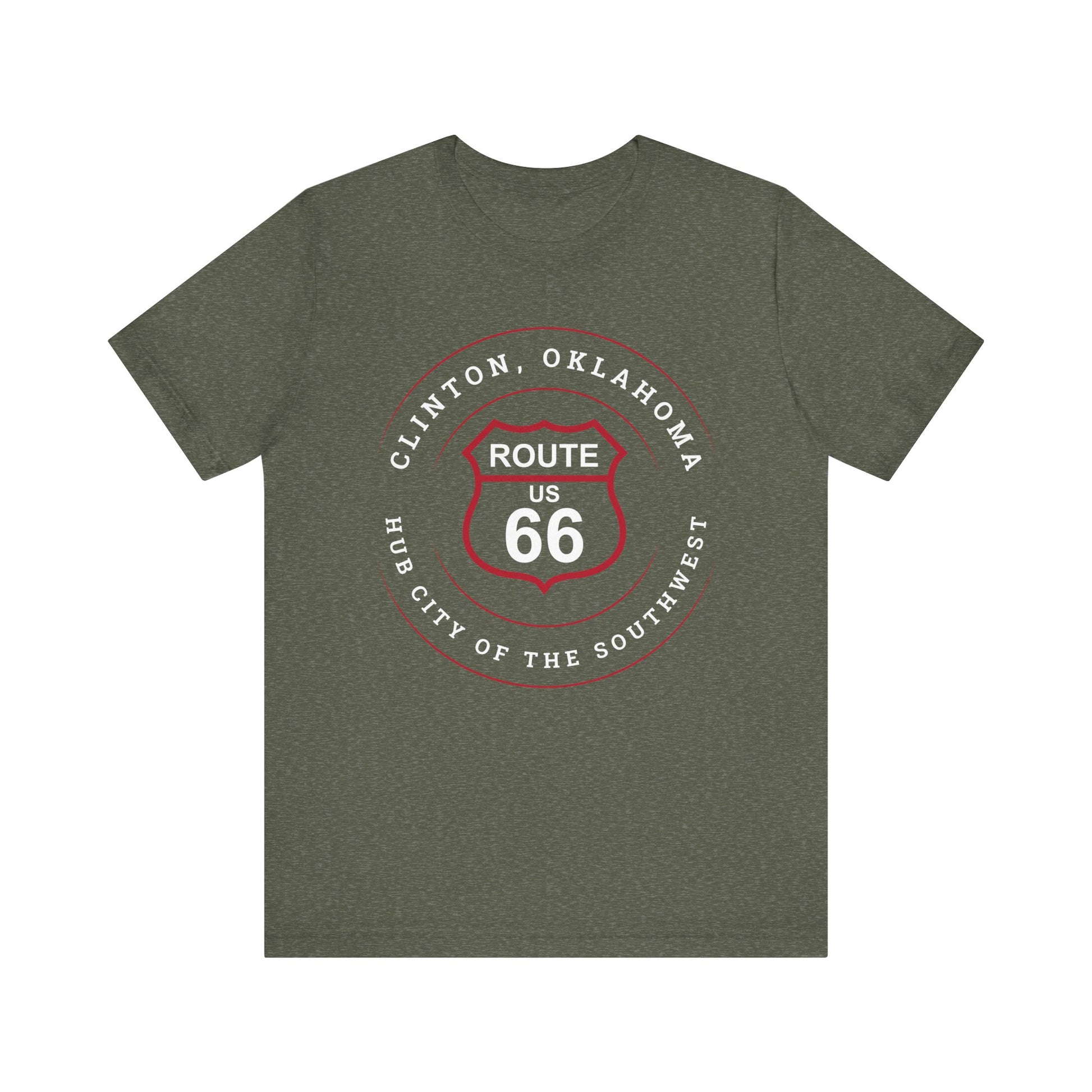 Heather military green retro Route 66 unisex jersey tee with Clinton, OK: "Hub City of the Southwest" design