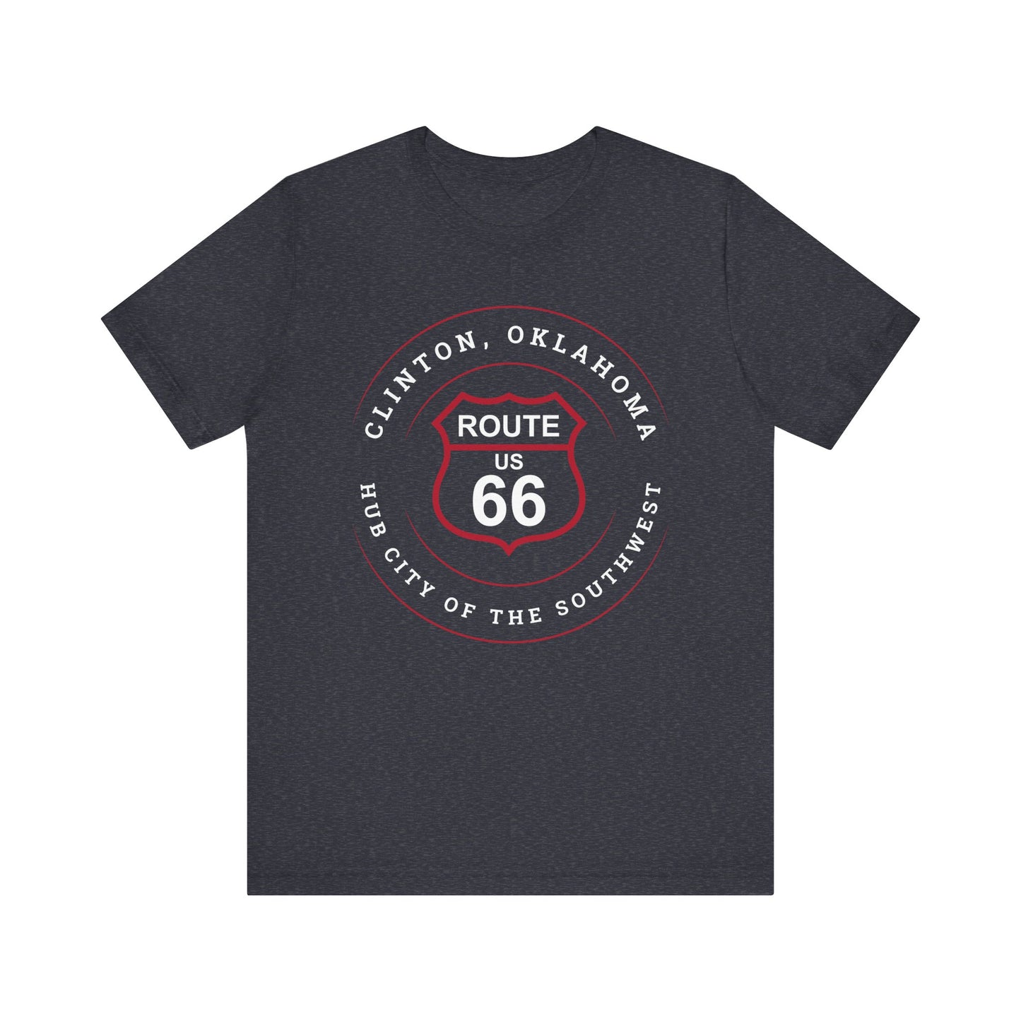 Heather navy retro Route 66 unisex jersey tee with Clinton, OK: "Hub City of the Southwest" design