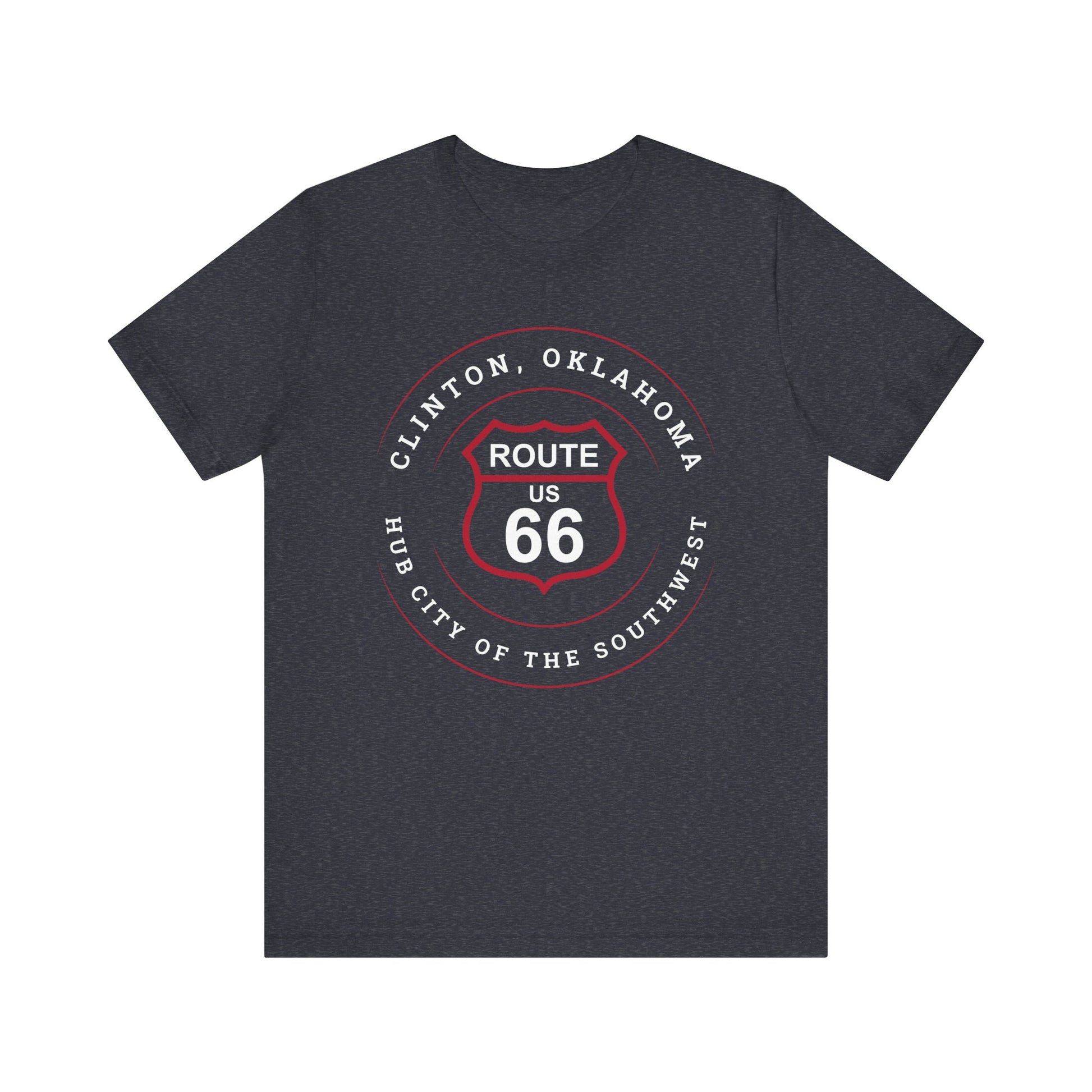 Heather navy retro Route 66 unisex jersey tee with Clinton, OK: "Hub City of the Southwest" design