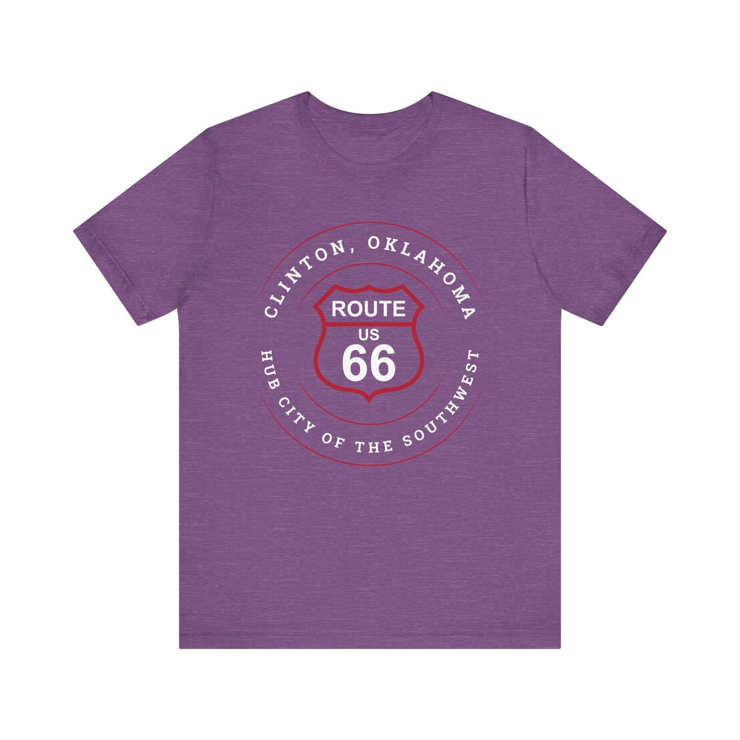 Heather team purple retro Route 66 unisex jersey tee with Clinton, OK: "Hub City of the Southwest" design