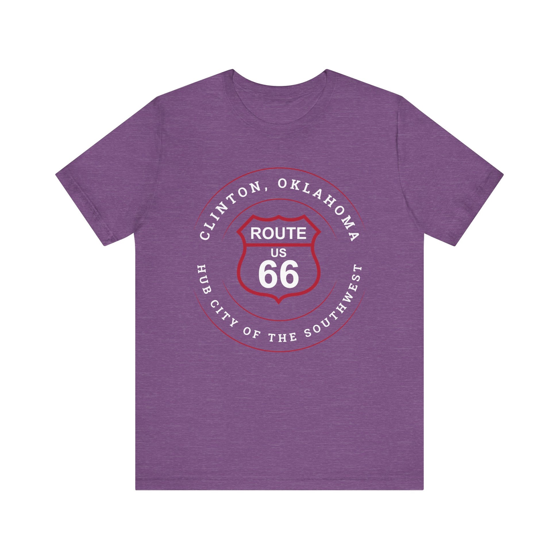 Heather team purple retro Route 66 unisex jersey tee with Clinton, OK: "Hub City of the Southwest" design