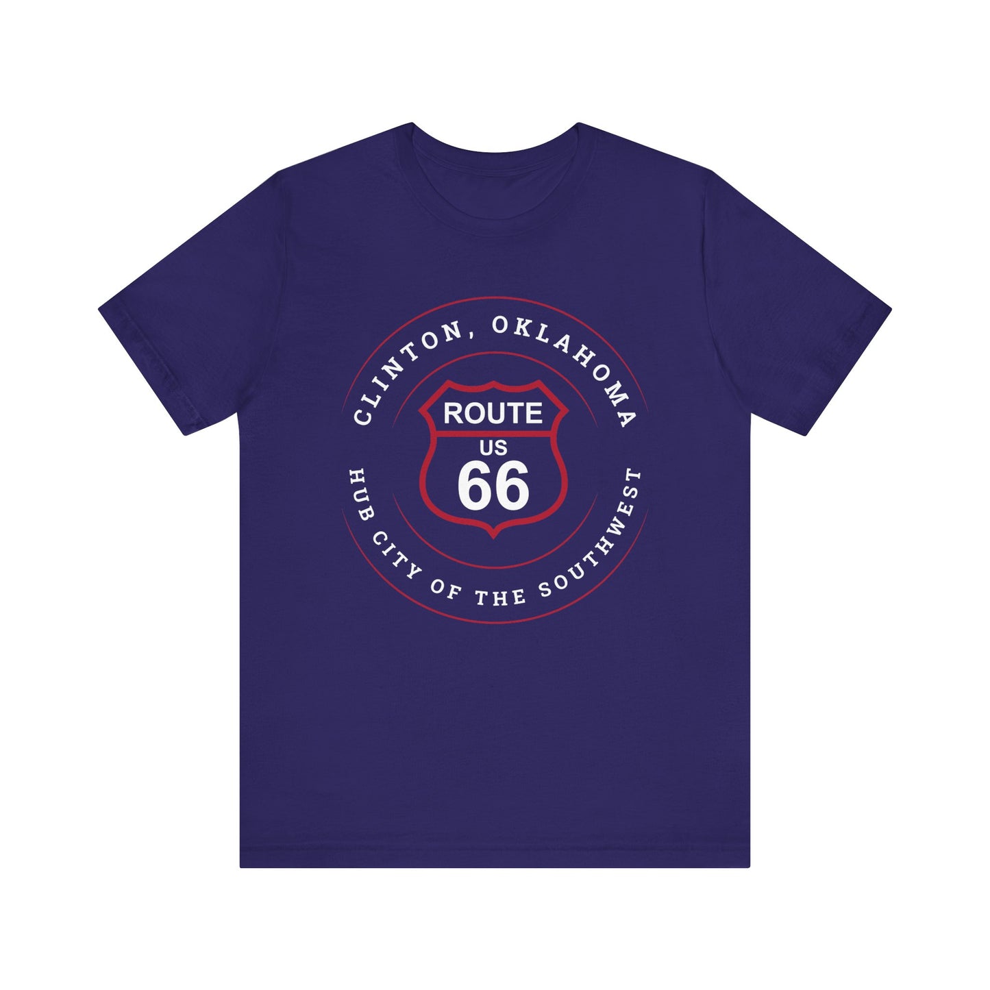 Team navy retro Route 66 unisex jersey tee with Clinton, OK: "Hub City of the Southwest" design