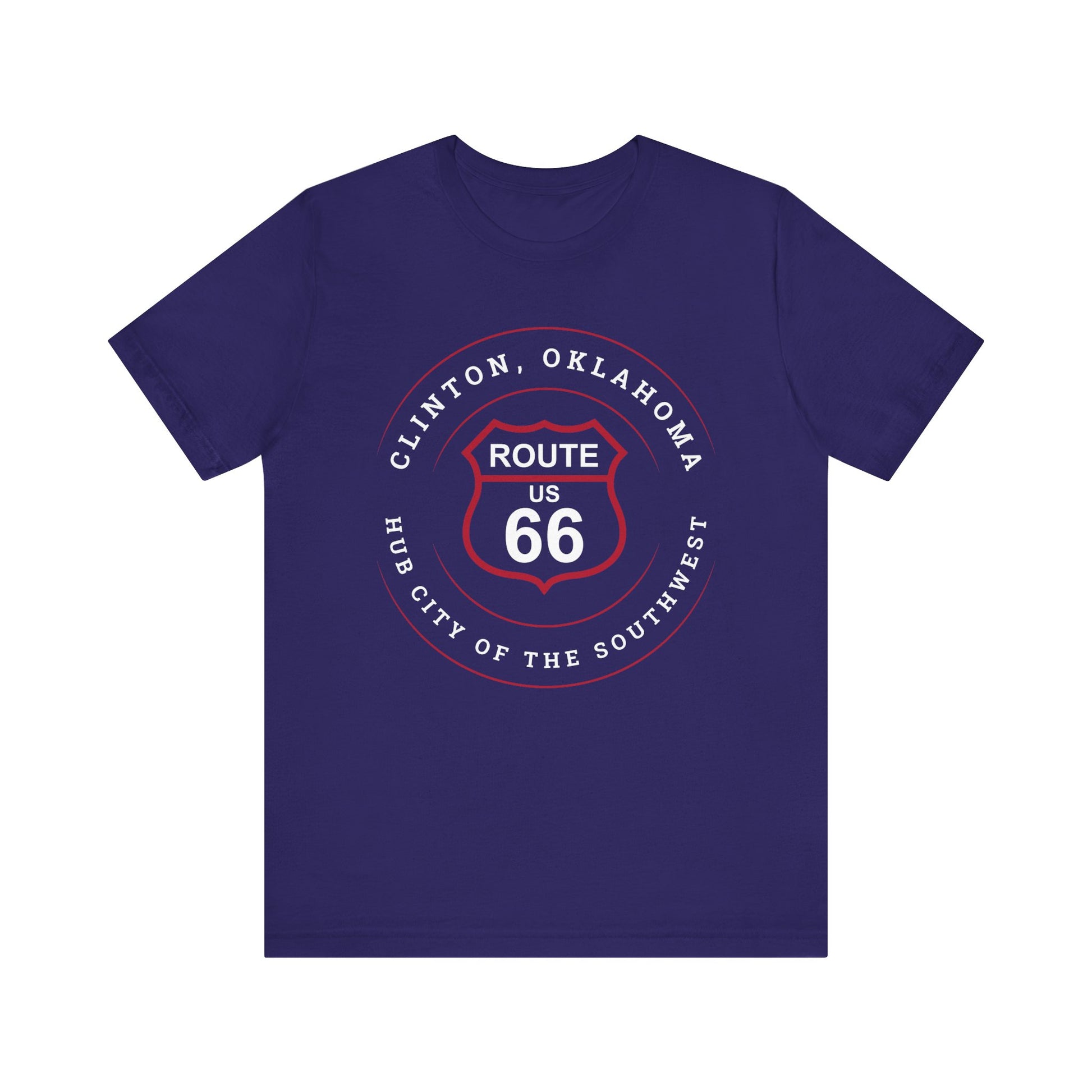 Team navy retro Route 66 unisex jersey tee with Clinton, OK: "Hub City of the Southwest" design