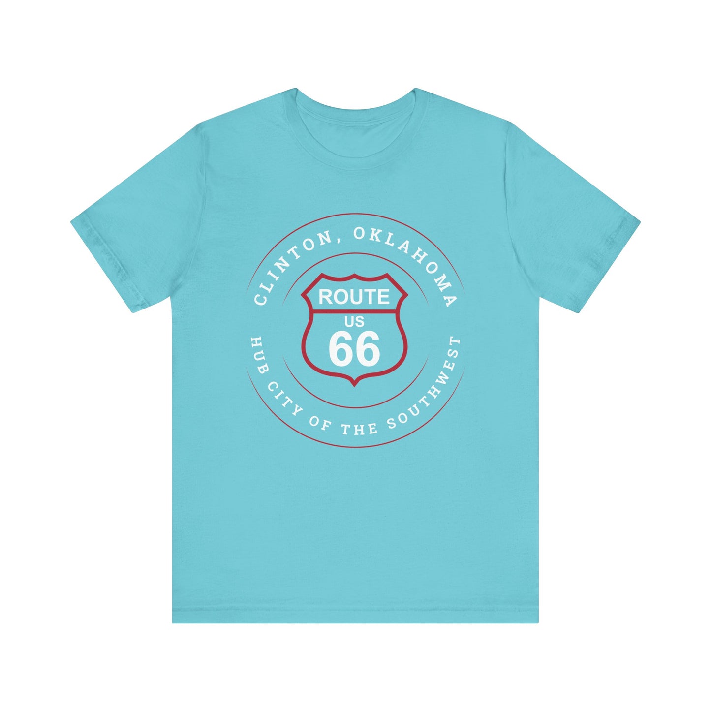 Turquoise retro Route 66 unisex jersey tee with Clinton, OK: "Hub City of the Southwest" design