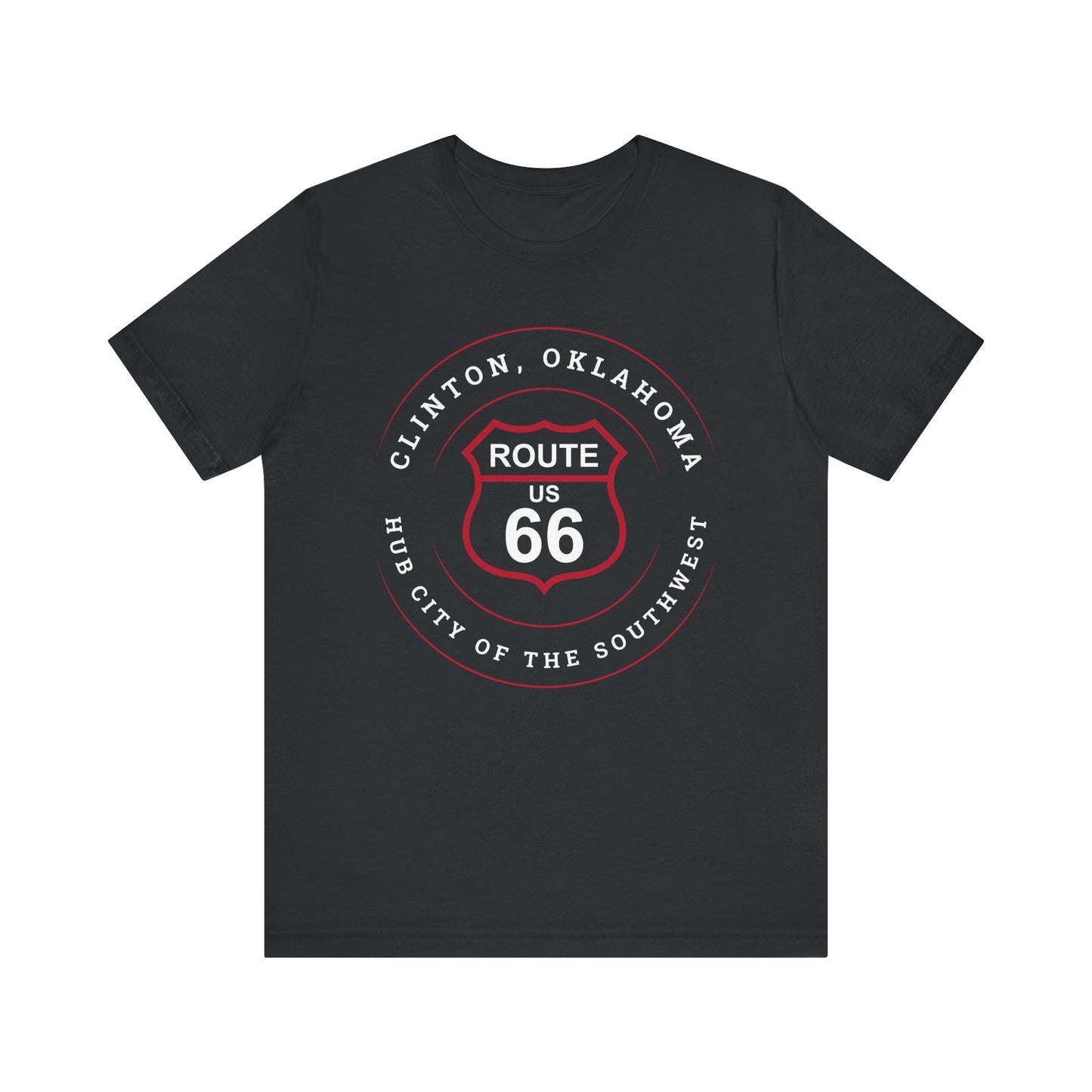 Vintage black retro Route 66 unisex jersey tee with Clinton, OK: "Hub City of the Southwest" design