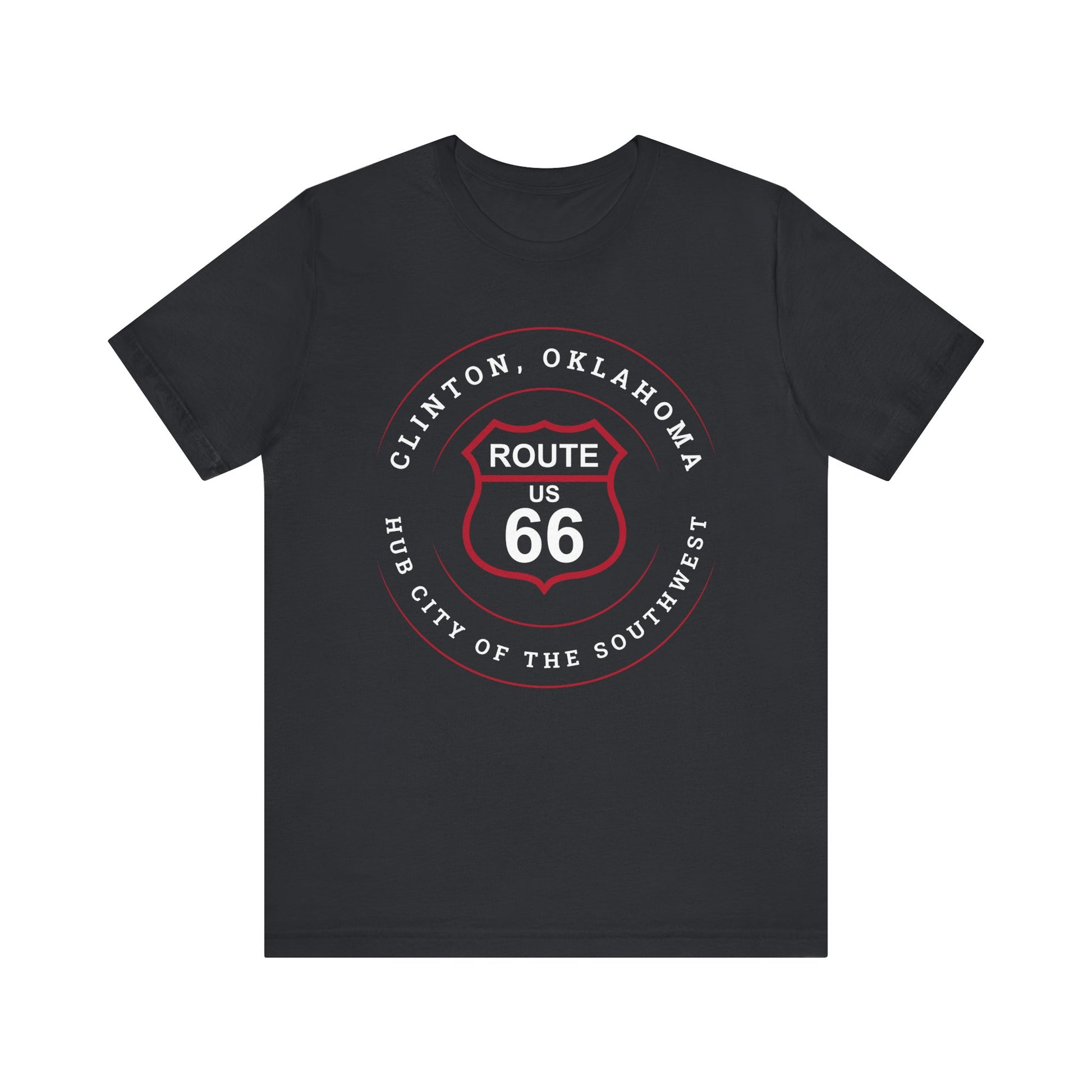 Vintage black retro Route 66 unisex jersey tee with Clinton, OK: "Hub City of the Southwest" design