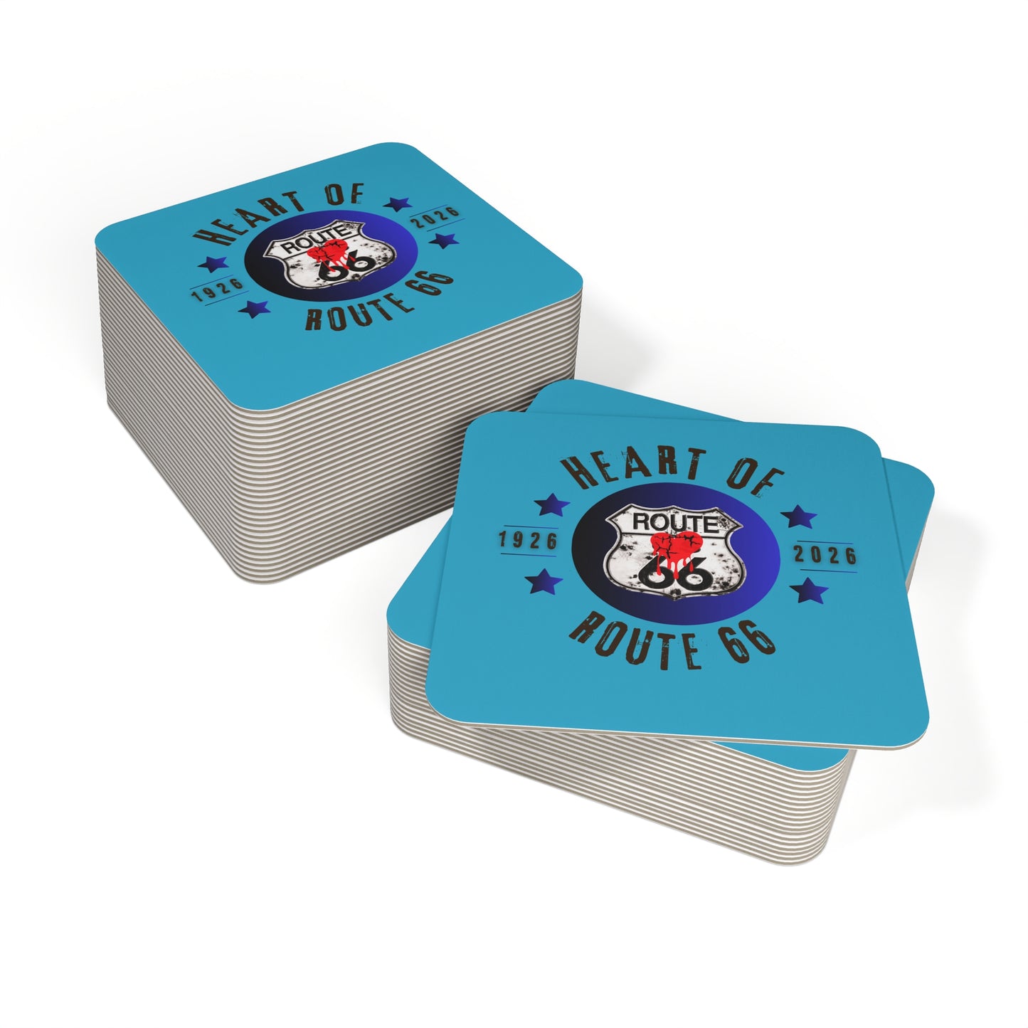 Stack of turquoise Route 66 drink coasters - bulk set for bars, restaurants or Route 66 party favors with vintage travel theme
