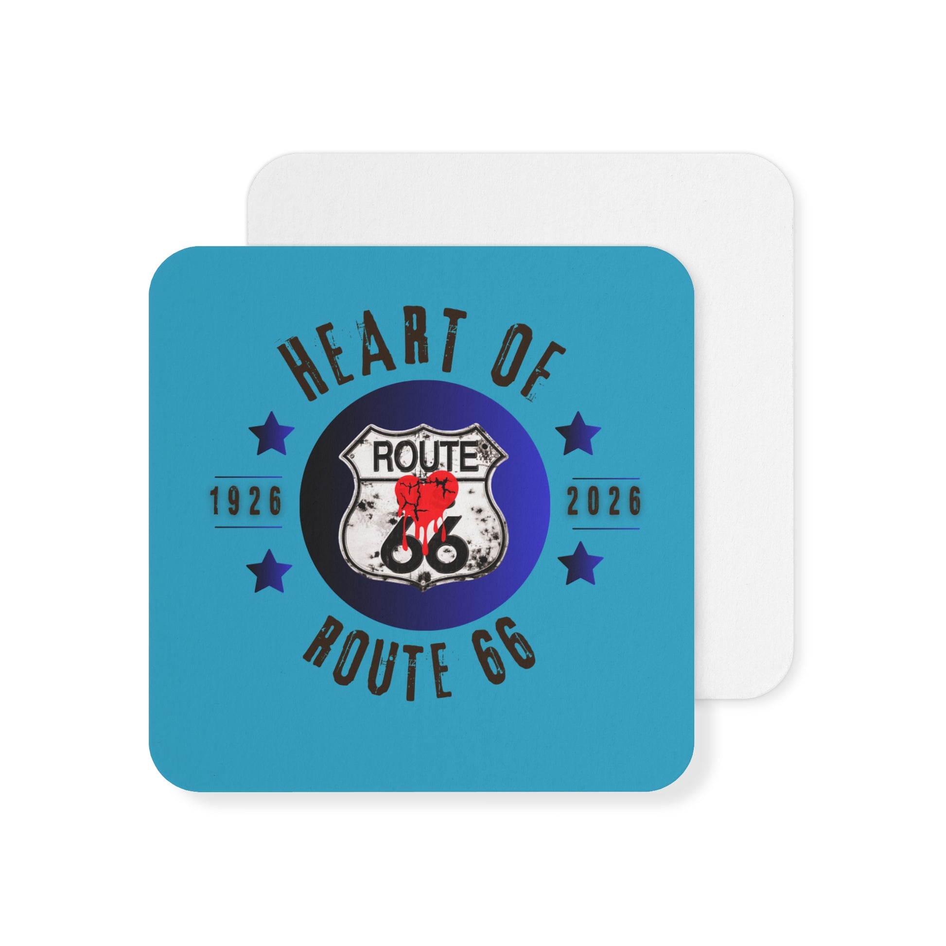 Front and back view of turquoise Route 66 coaster: durable matte hardboard drink coaster for Americana kitchens and diners