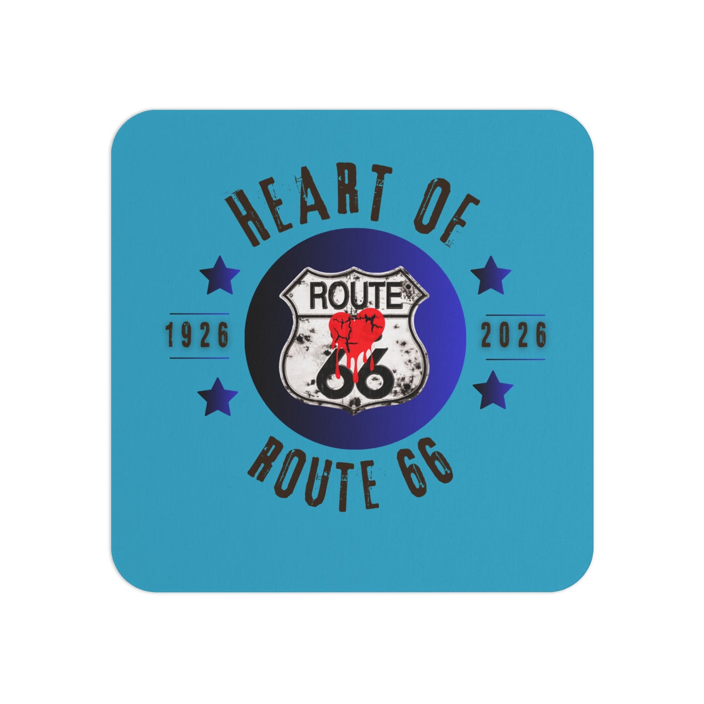 Heart of Route 66 vintage logo coaster: square turquoise drink coaster, retro road trip party accessory