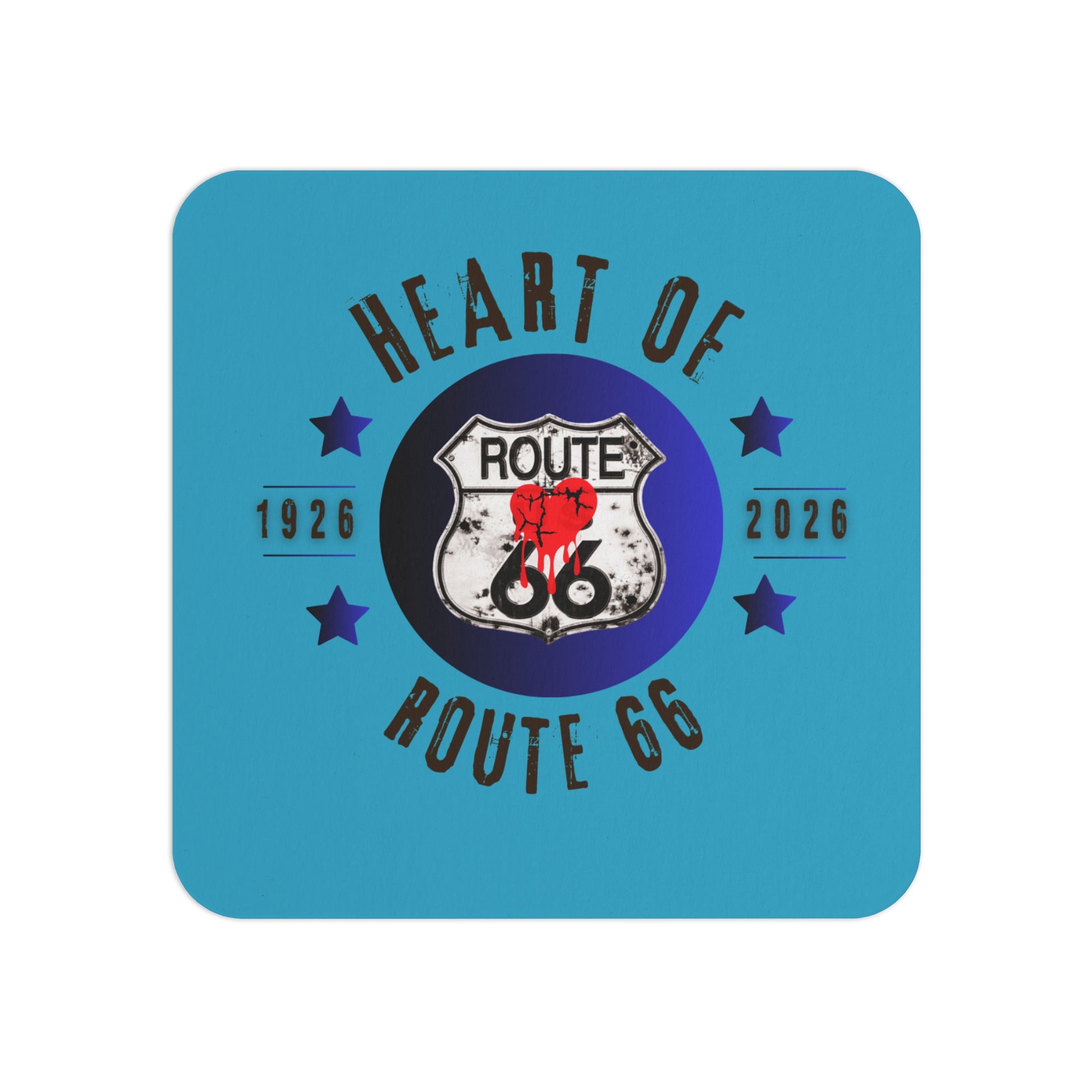 Heart of Route 66 vintage logo coaster: square turquoise drink coaster, retro road trip party accessory