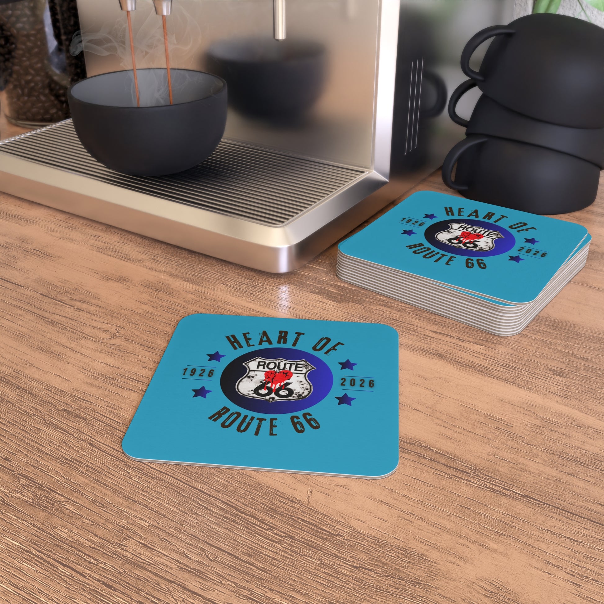Turquoise Route 66 coaster set on a modern coffee bar: Retro Americana kitchen décor, perfect for Route 66 fans and vintage coffee bar setups