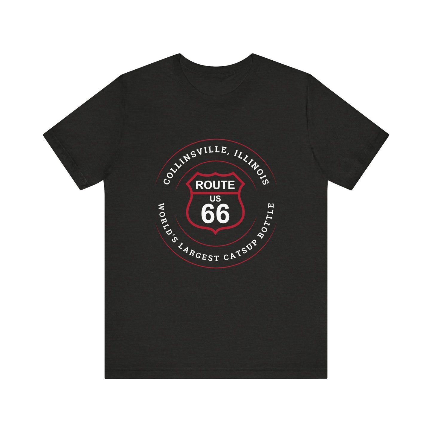 Black heather retro Route 66 unisex jersey tee with Collinsville, IL:: "World's Largest Catsup Bottle" design