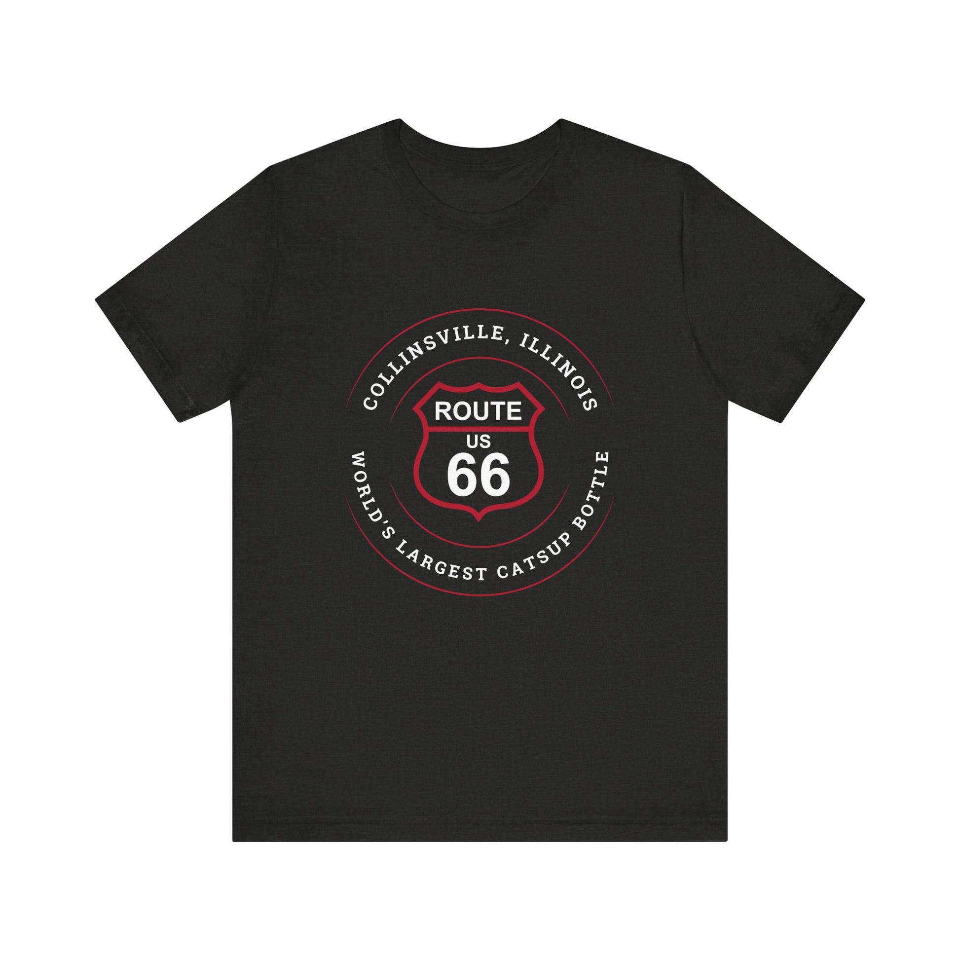 Black heather retro Route 66 unisex jersey tee with Collinsville, IL:: "World's Largest Catsup Bottle" design