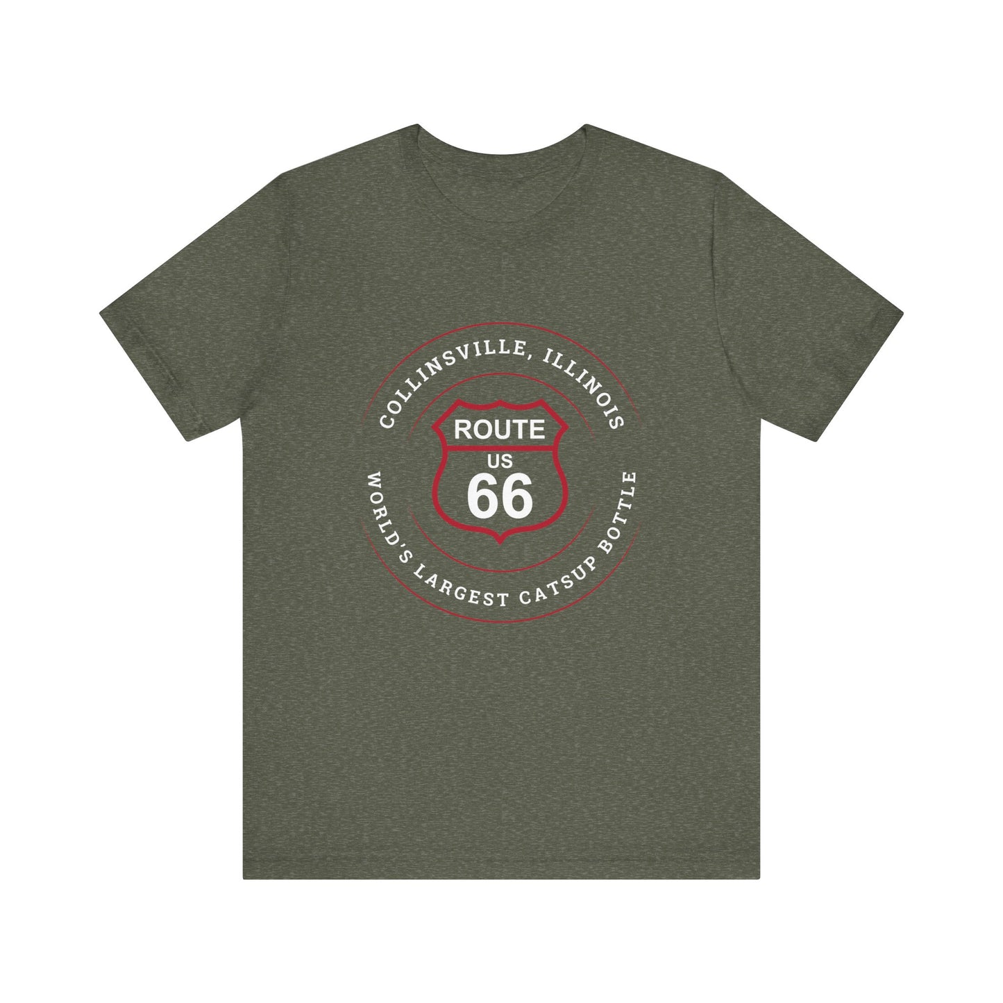 Heather military green retro Route 66 unisex jersey tee with Collinsville, IL:: "World's Largest Catsup Bottle" design
