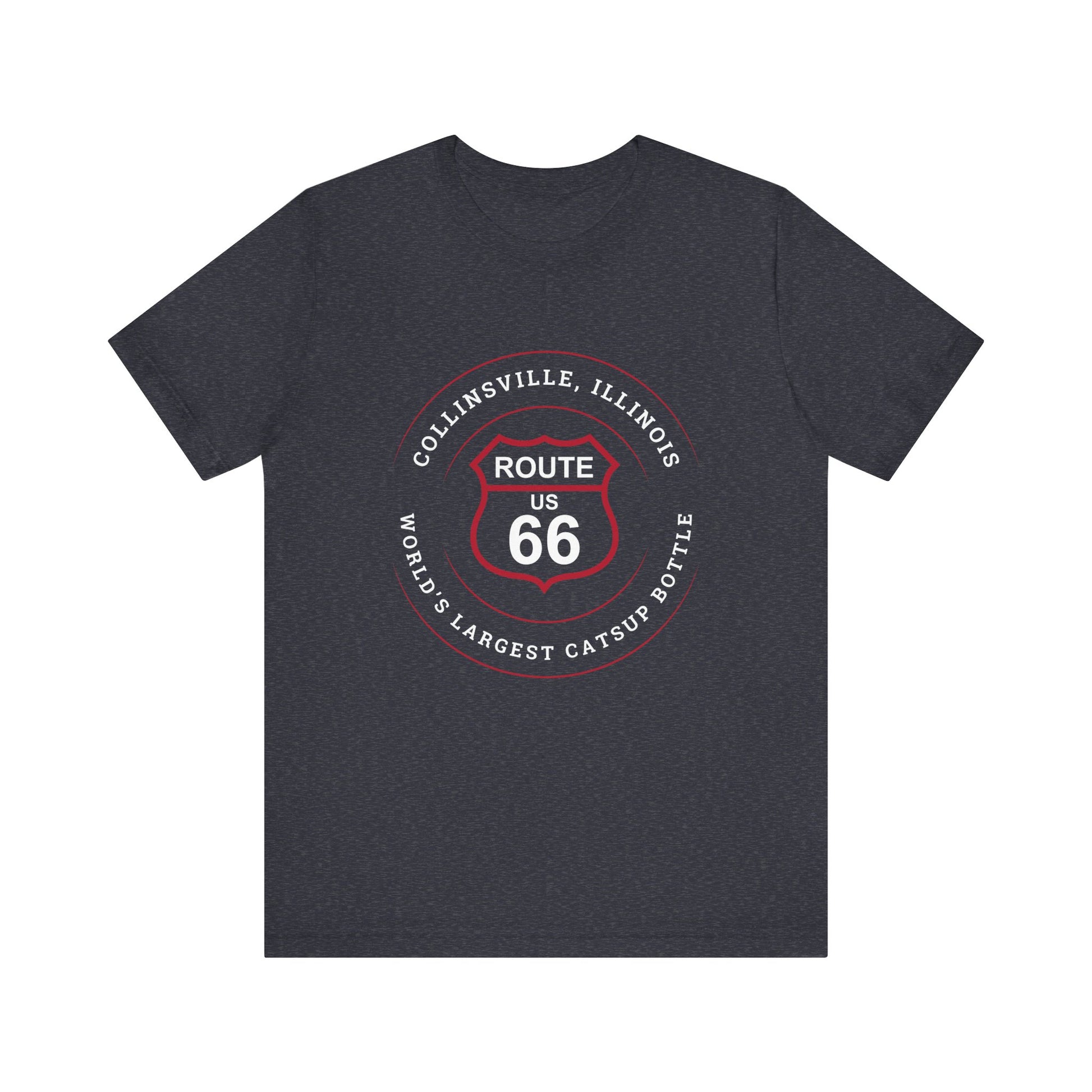 Heather navy retro Route 66 unisex jersey tee with Collinsville, IL:: "World's Largest Catsup Bottle" design