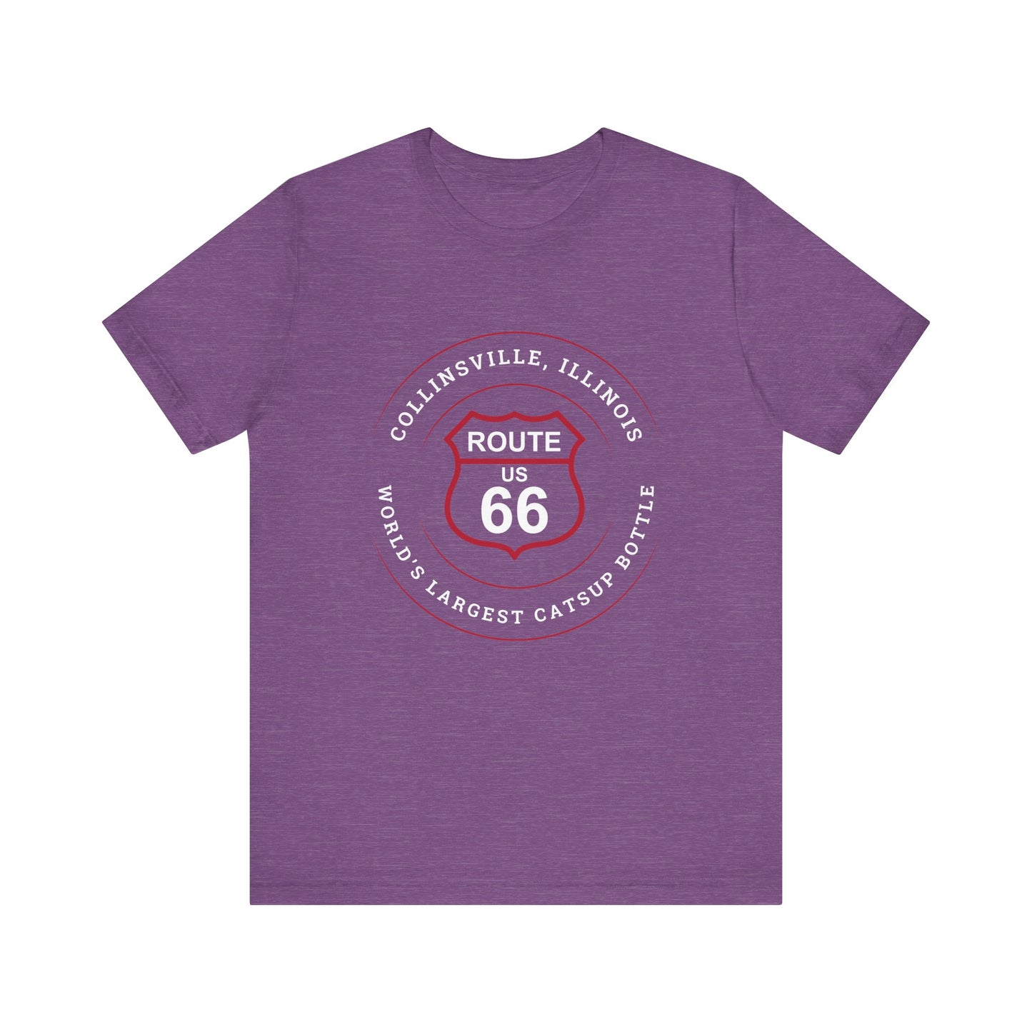 Heather team purple retro Route 66 unisex jersey tee with Collinsville, IL:: "World's Largest Catsup Bottle" design