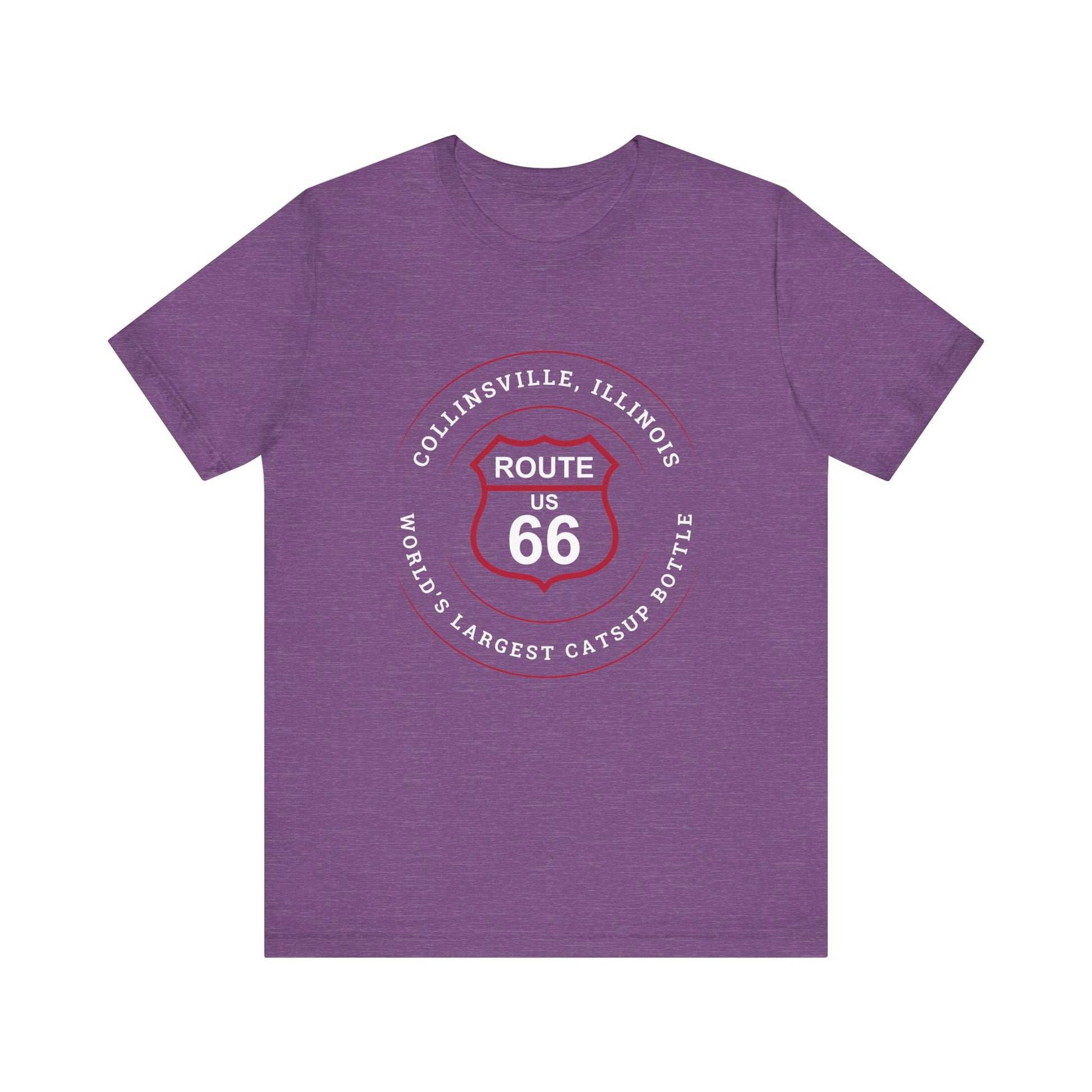 Heather team purple retro Route 66 unisex jersey tee with Collinsville, IL:: "World's Largest Catsup Bottle" design