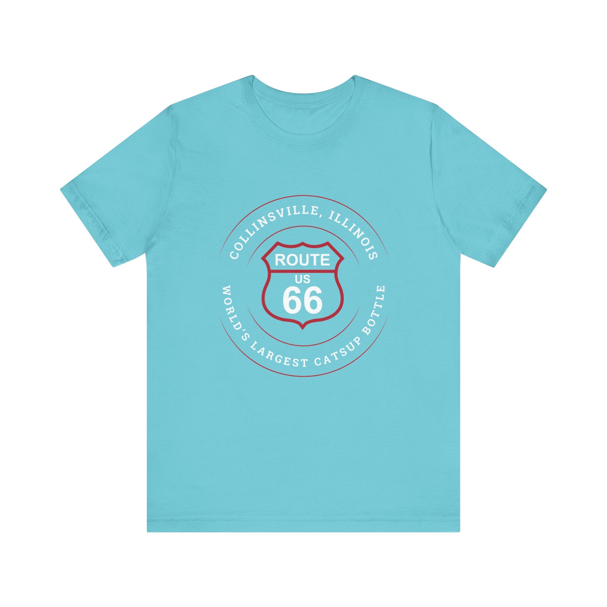 Turquoise retro Route 66 unisex jersey tee with Collinsville, IL:: "World's Largest Catsup Bottle" design