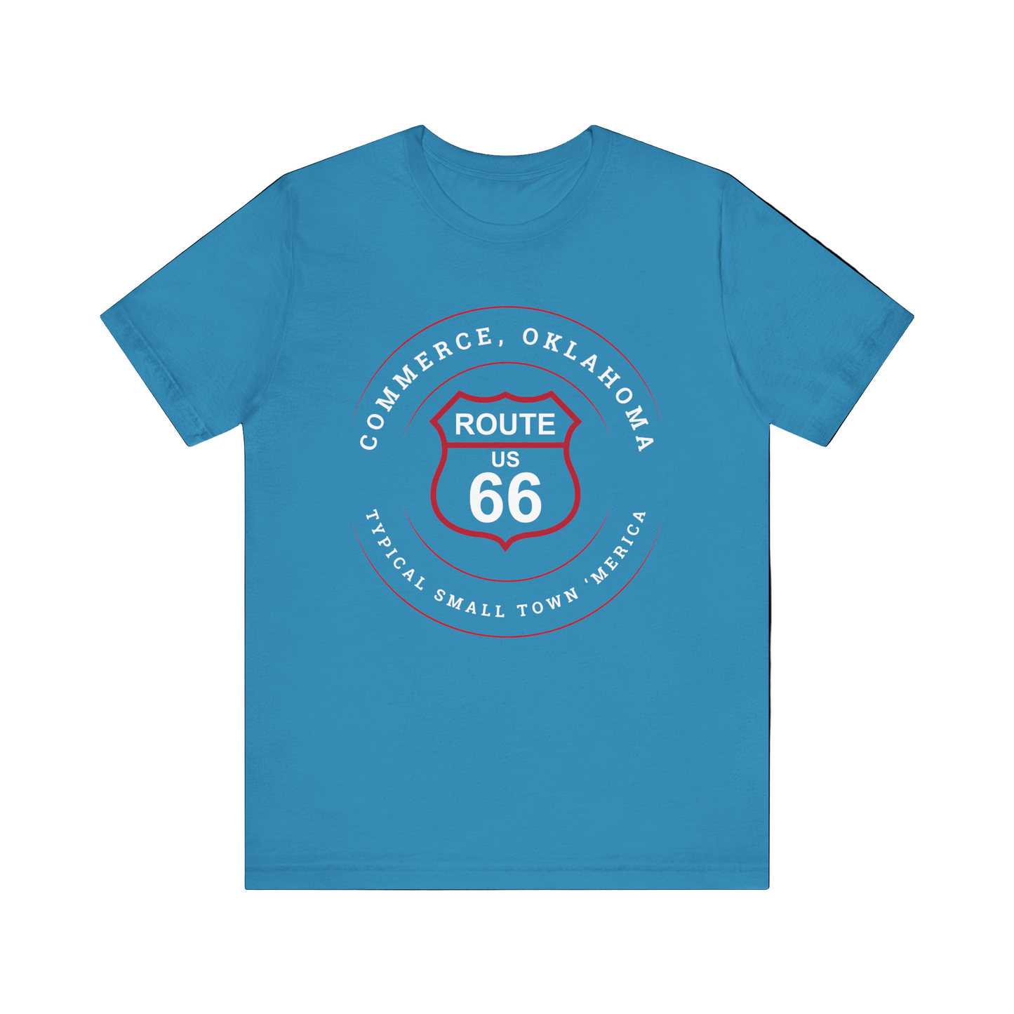 Aqua retro Route 66 unisex jersey tee with Commerce, OK "Typical 'Small Town' America" design