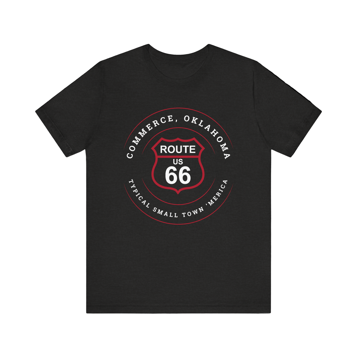 Black heather retro Route 66 unisex jersey tee with Commerce, OK "Typical 'Small Town' America" design