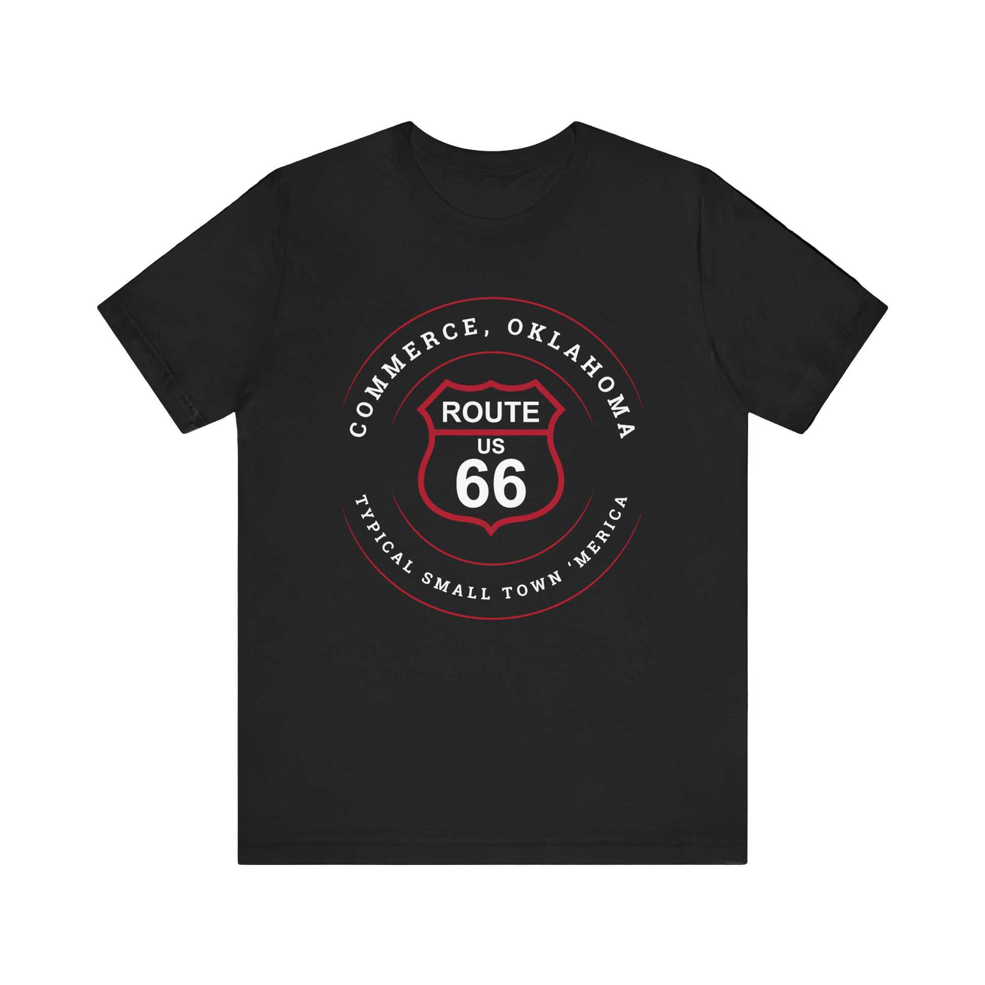 Black retro Route 66 unisex jersey tee with Commerce, OK "Typical 'Small Town' America" design