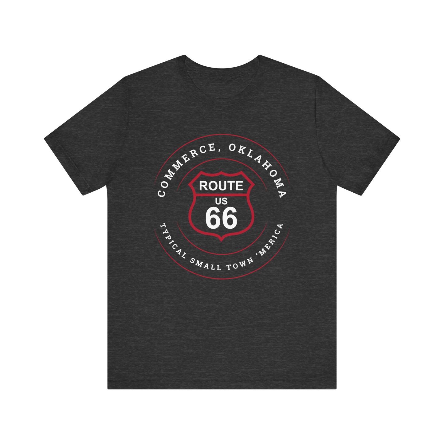 Dark grey heather retro Route 66 unisex jersey tee with Commerce, OK "Typical 'Small Town' America" design