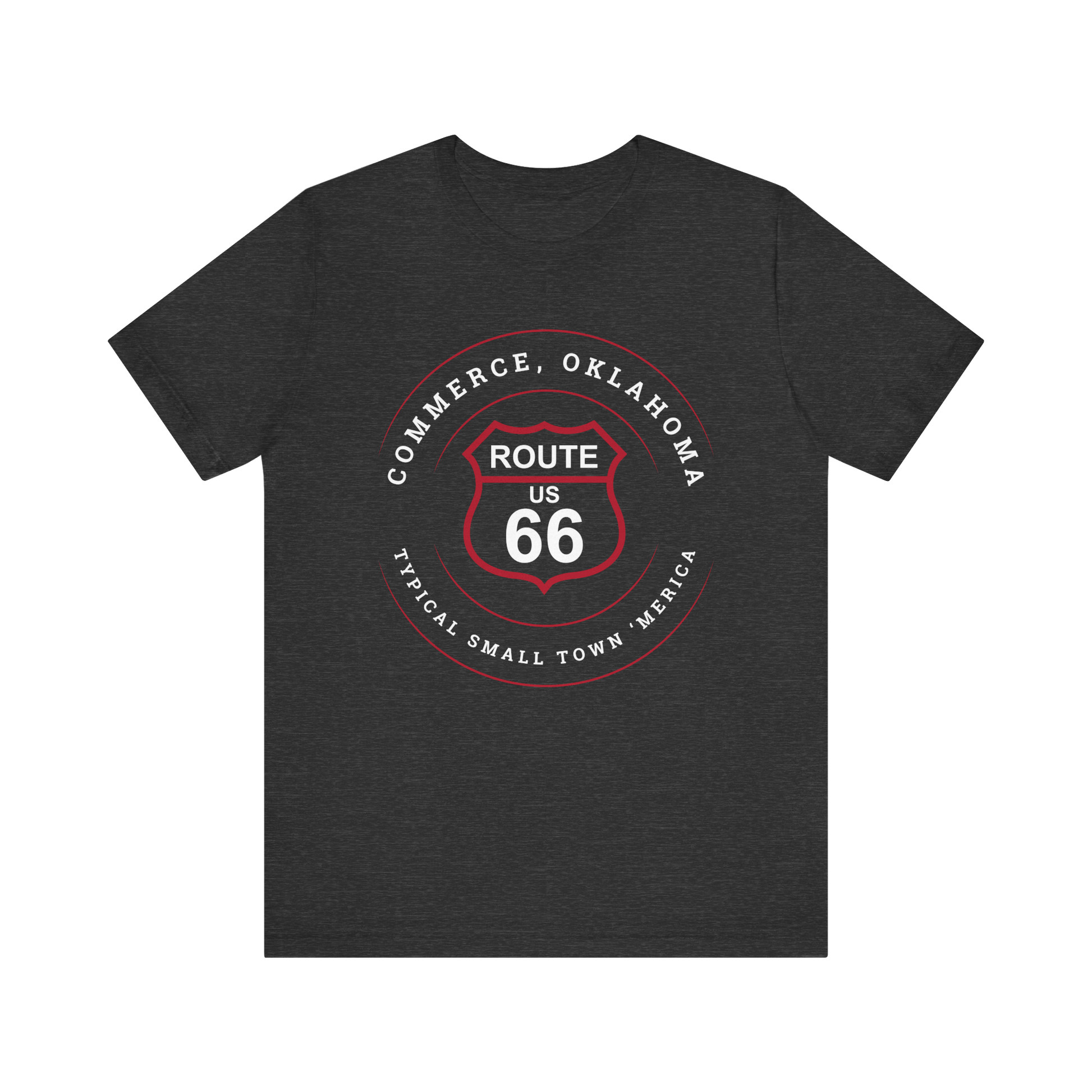 Dark grey heather retro Route 66 unisex jersey tee with Commerce, OK "Typical 'Small Town' America" design