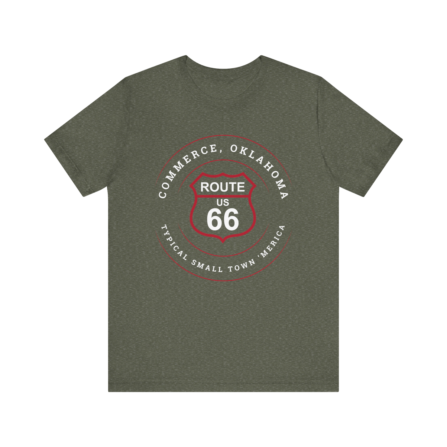 Heather military green retro Route 66 unisex jersey tee with Commerce, OK "Typical 'Small Town' America" design