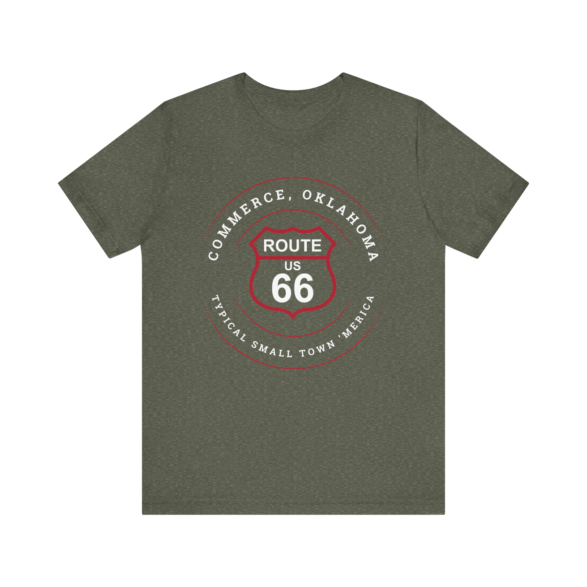 Heather military green retro Route 66 unisex jersey tee with Commerce, OK "Typical 'Small Town' America" design
