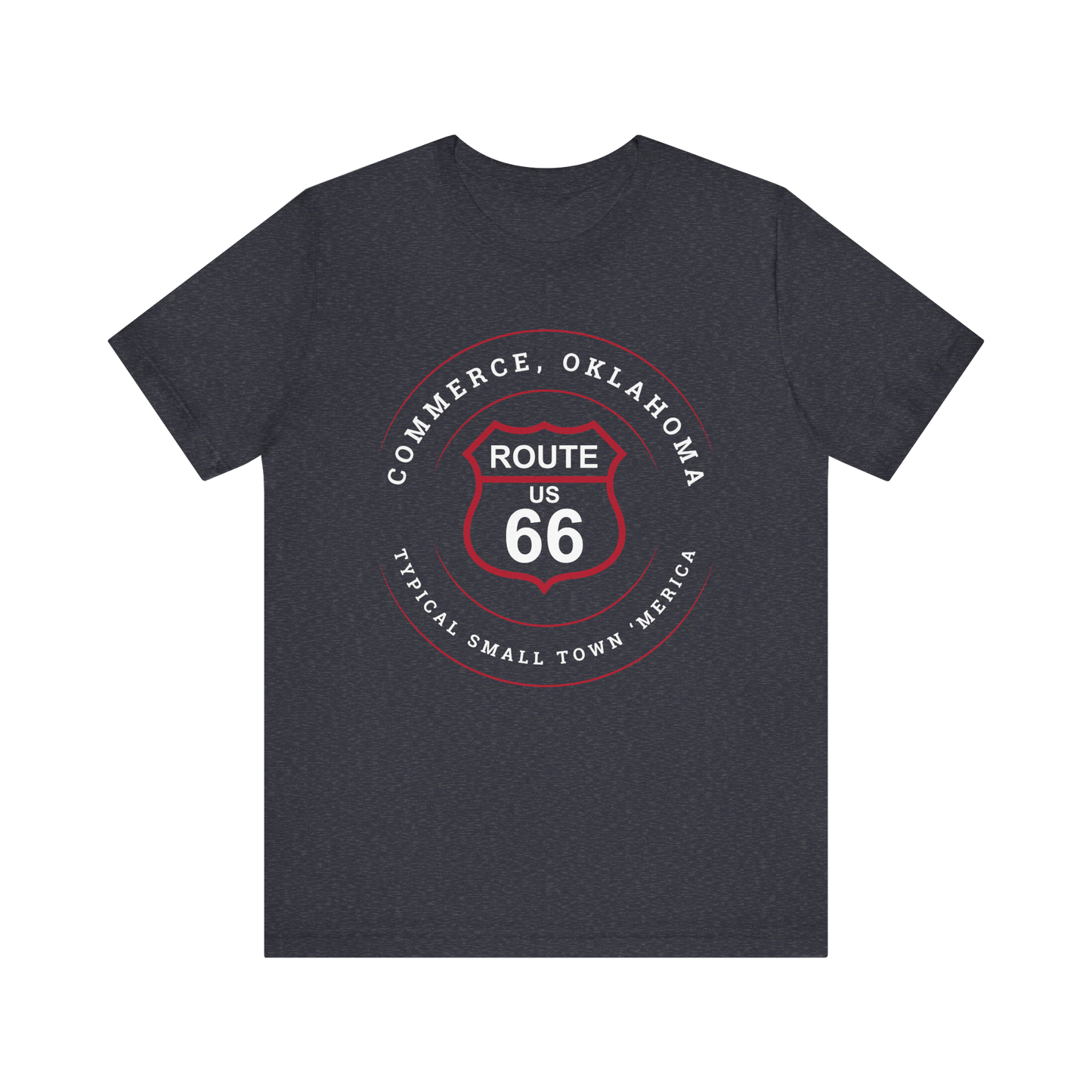 Heather navy retro Route 66 unisex jersey tee with Commerce, OK "Typical 'Small Town' America" design