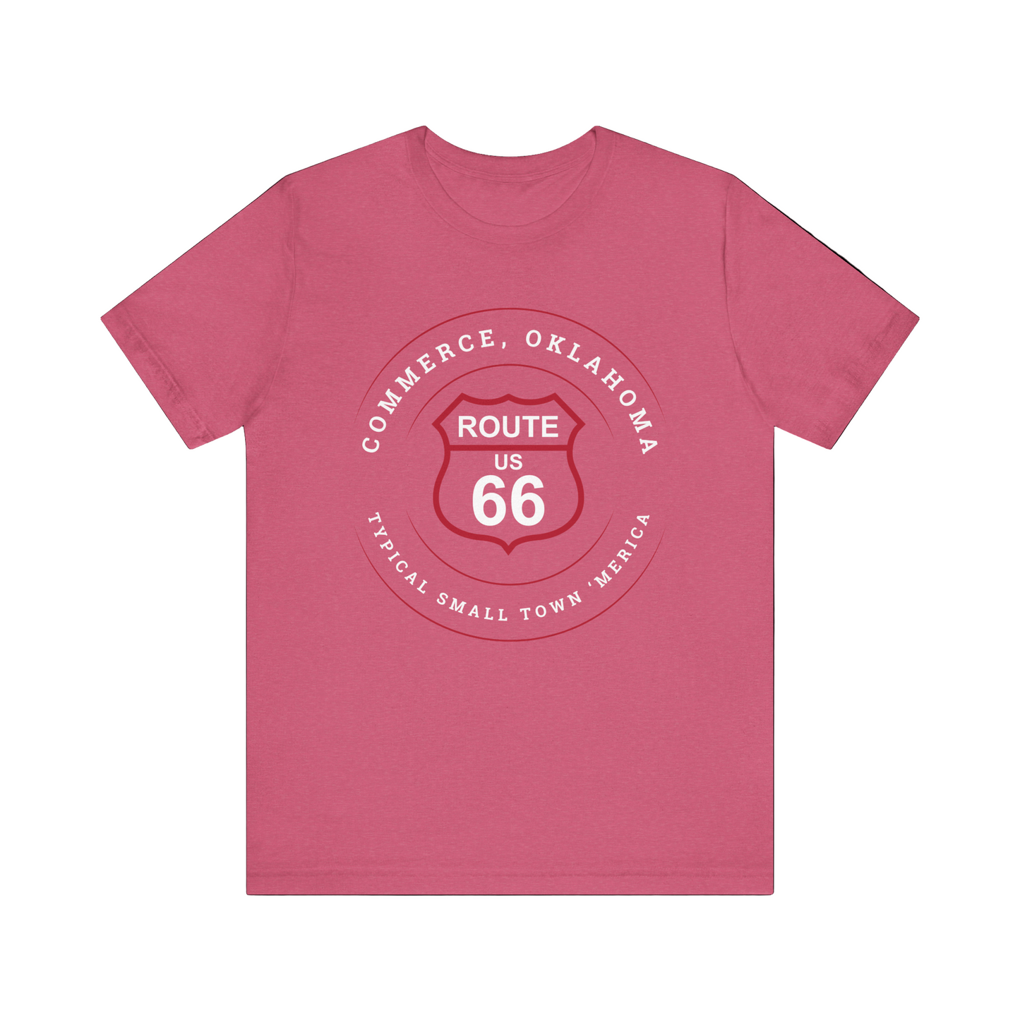 Heather raspberry retro Route 66 unisex jersey tee with Commerce, OK "Typical 'Small Town' America" design
