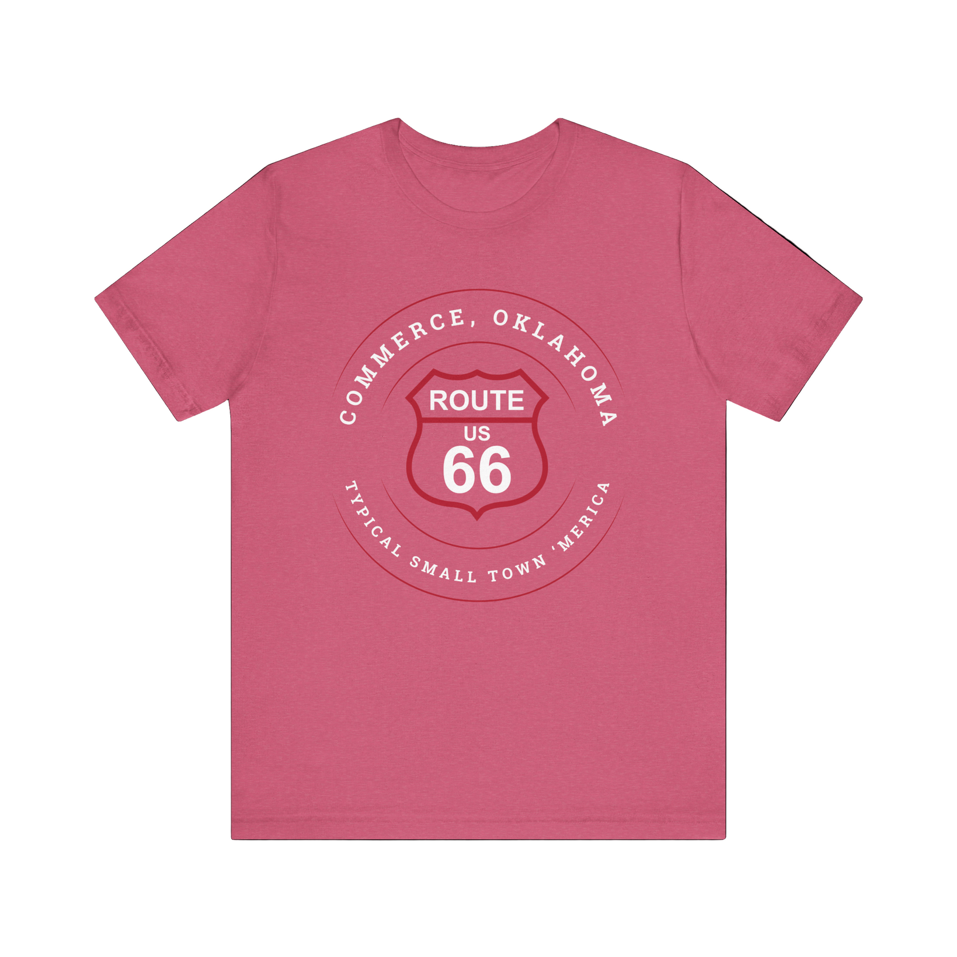 Heather raspberry retro Route 66 unisex jersey tee with Commerce, OK "Typical 'Small Town' America" design