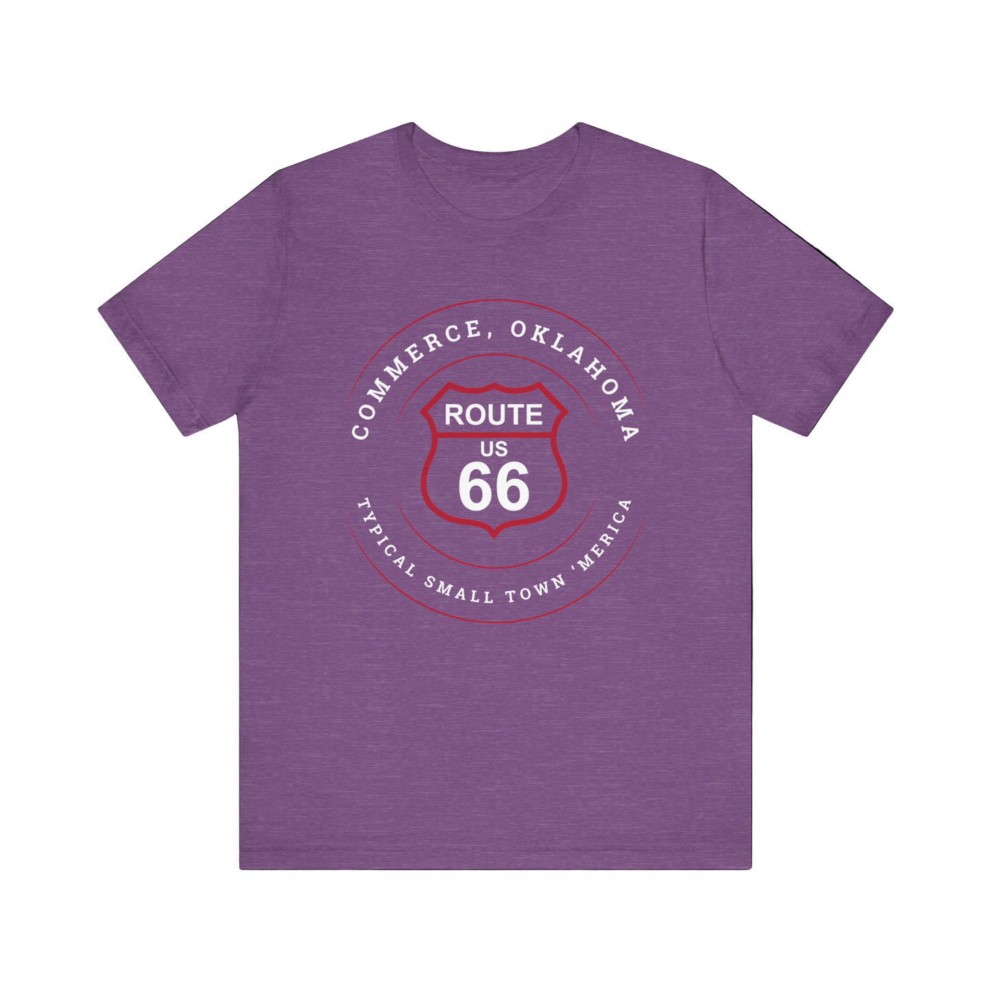 Heather team purple retro Route 66 unisex jersey tee with Commerce, OK "Typical 'Small Town' America" design