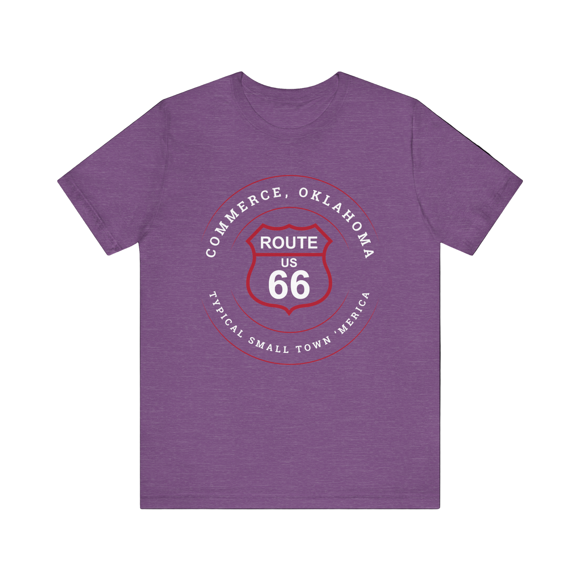 Heather team purple retro Route 66 unisex jersey tee with Commerce, OK "Typical 'Small Town' America" design