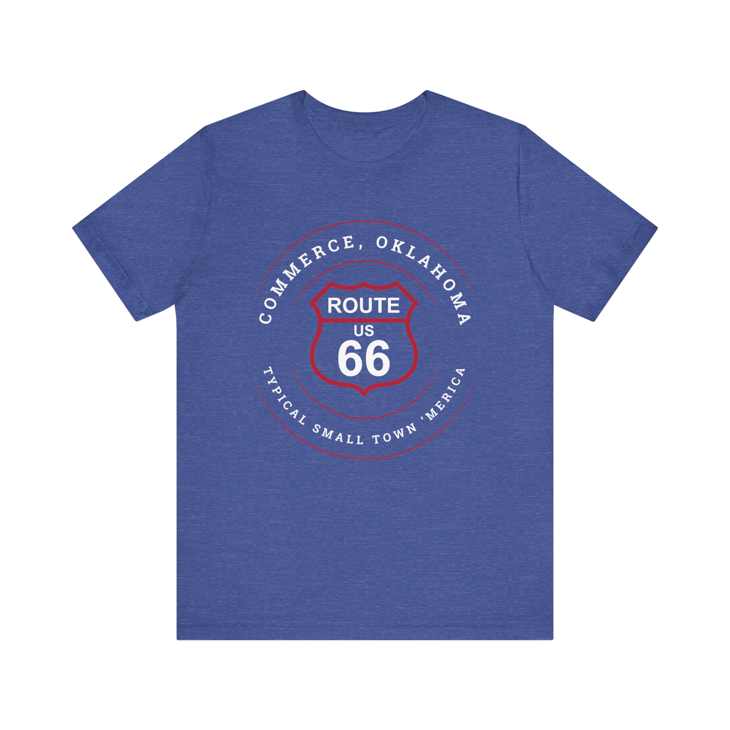 Heather true royal retro Route 66 unisex jersey tee with Commerce, OK "Typical 'Small Town' America" design