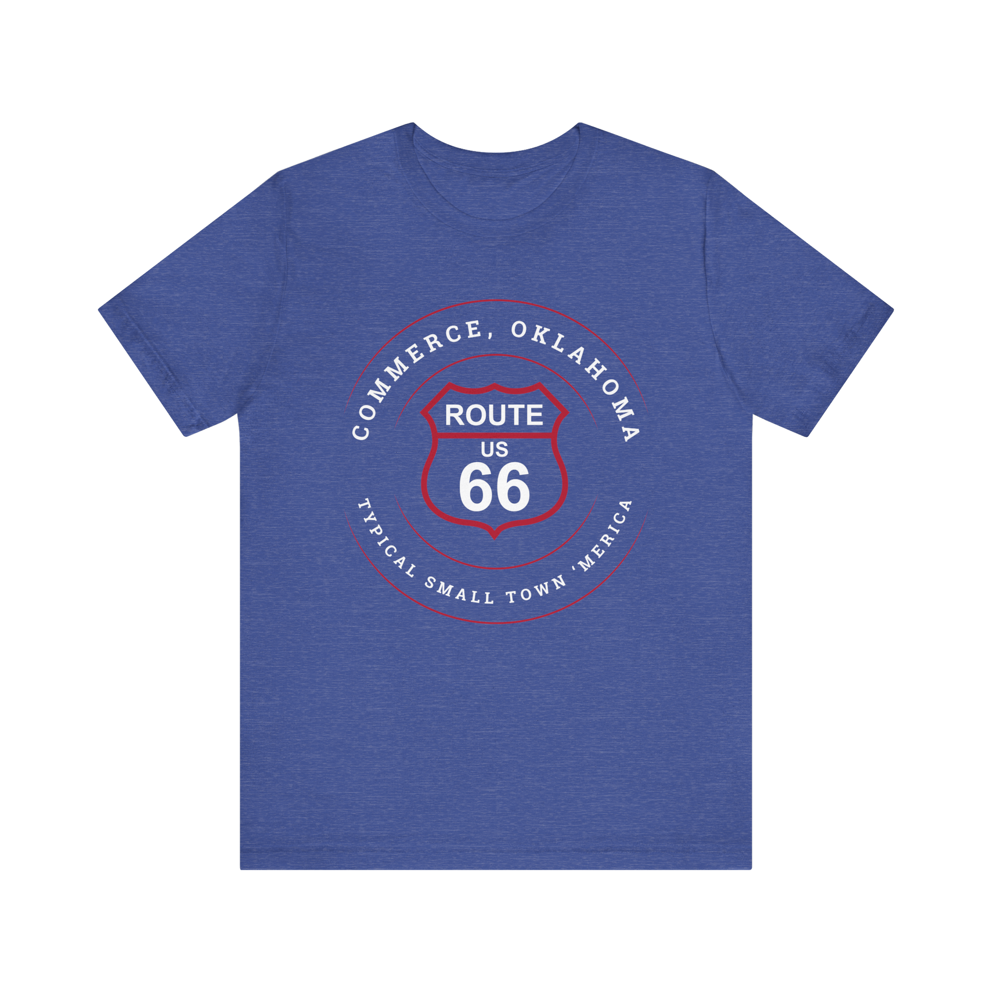 Heather true royal retro Route 66 unisex jersey tee with Commerce, OK "Typical 'Small Town' America" design