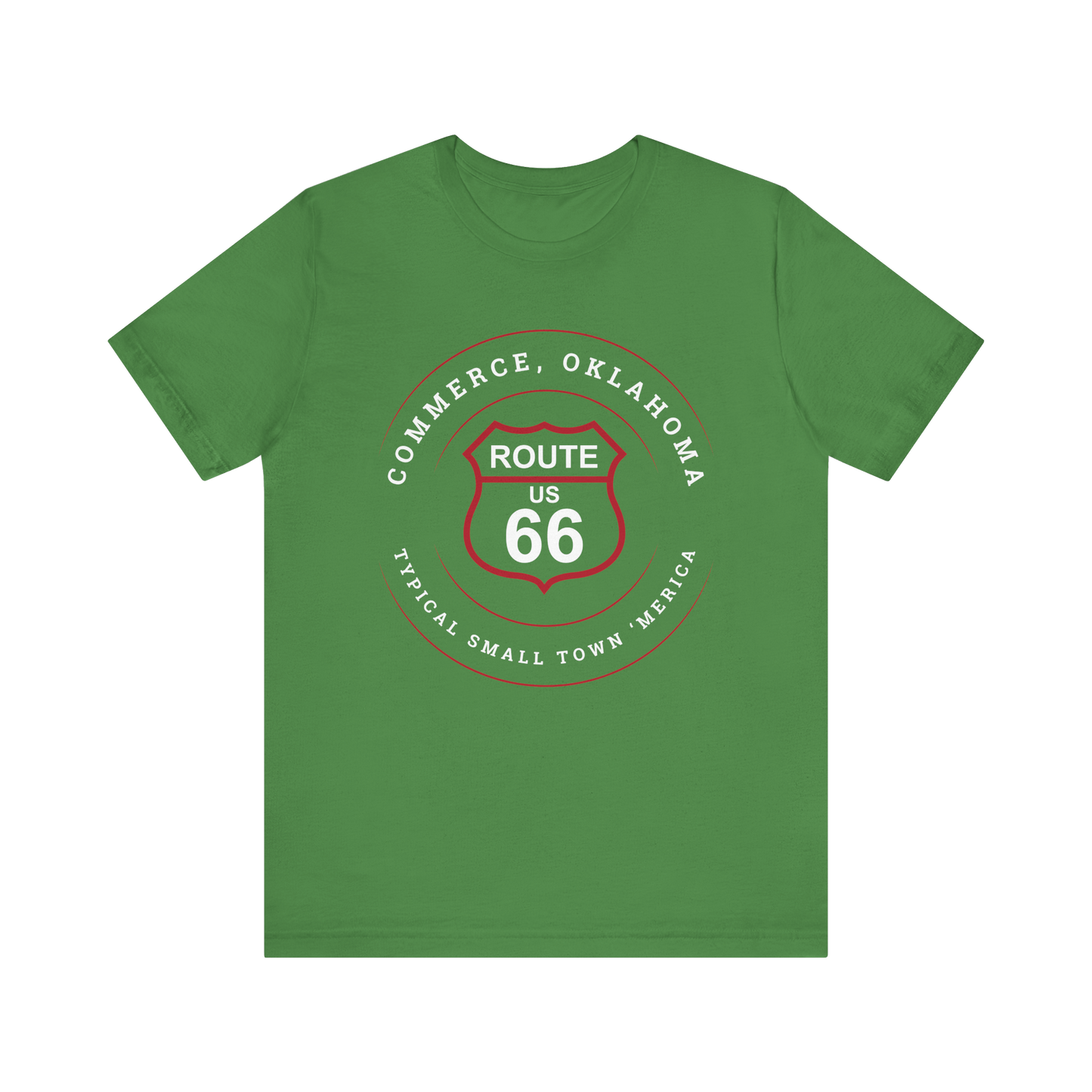 Leaf retro Route 66 unisex jersey tee with Commerce, OK "Typical 'Small Town' America" design