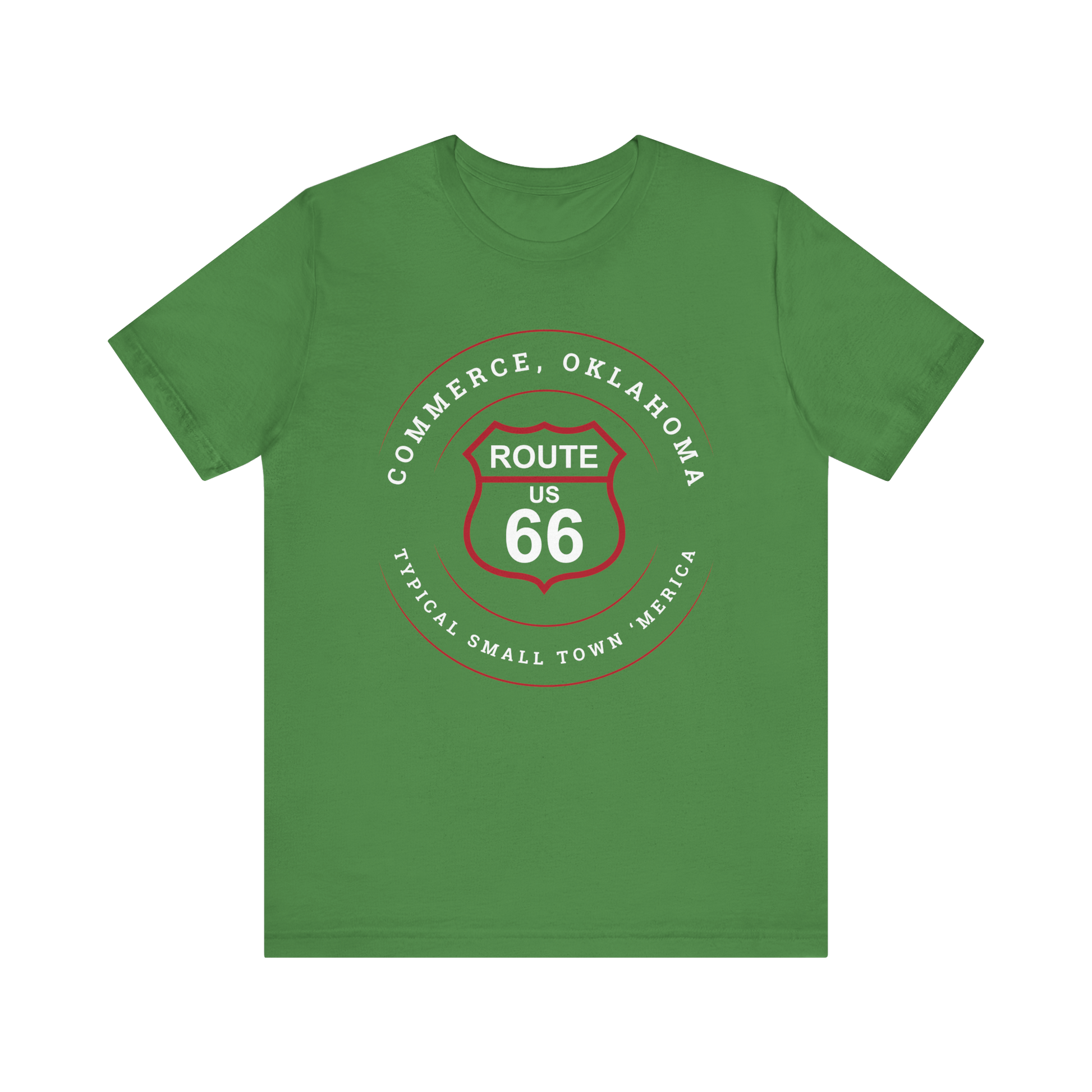 Leaf retro Route 66 unisex jersey tee with Commerce, OK "Typical 'Small Town' America" design