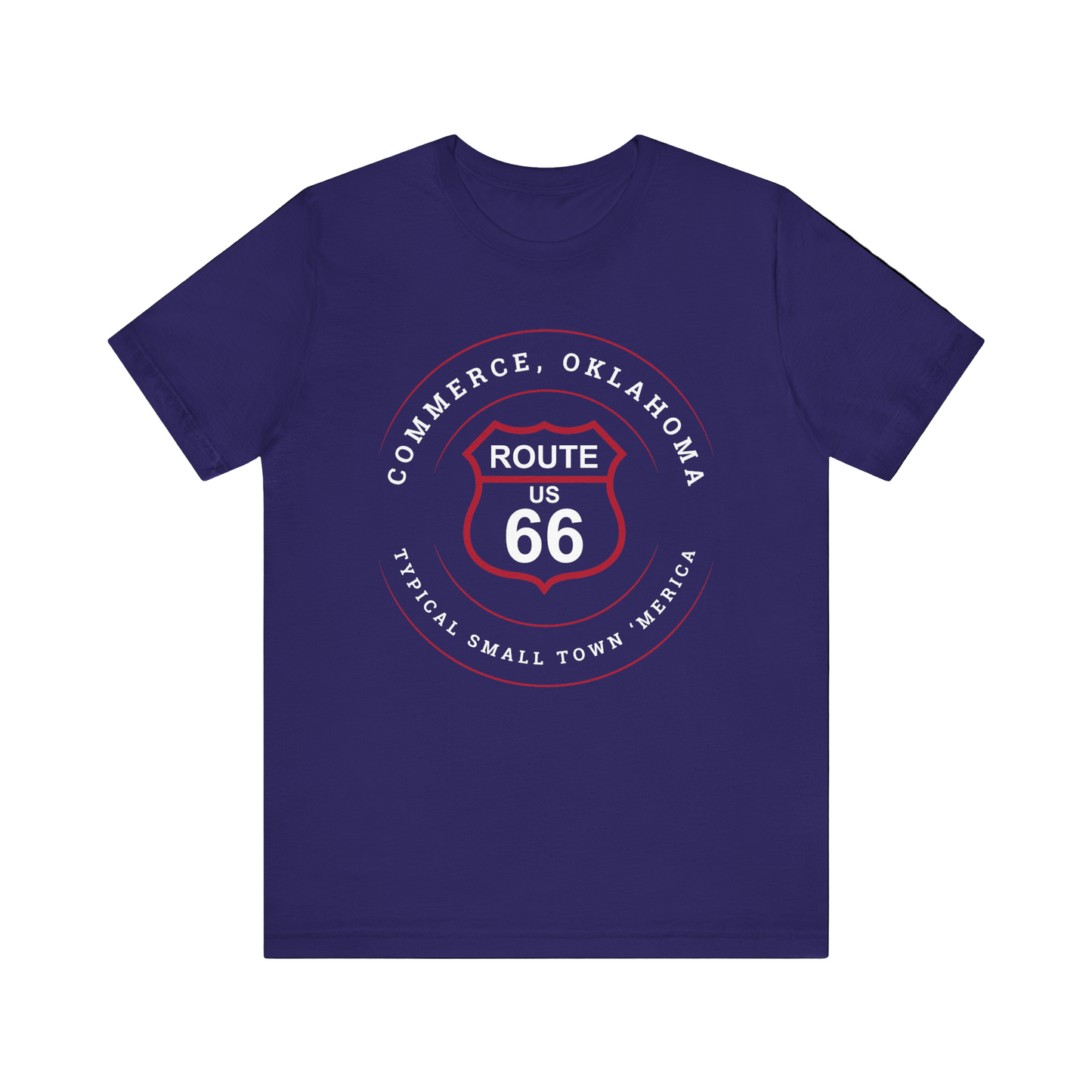 Team navy retro Route 66 unisex jersey tee with Commerce, OK "Typical 'Small Town' America" design