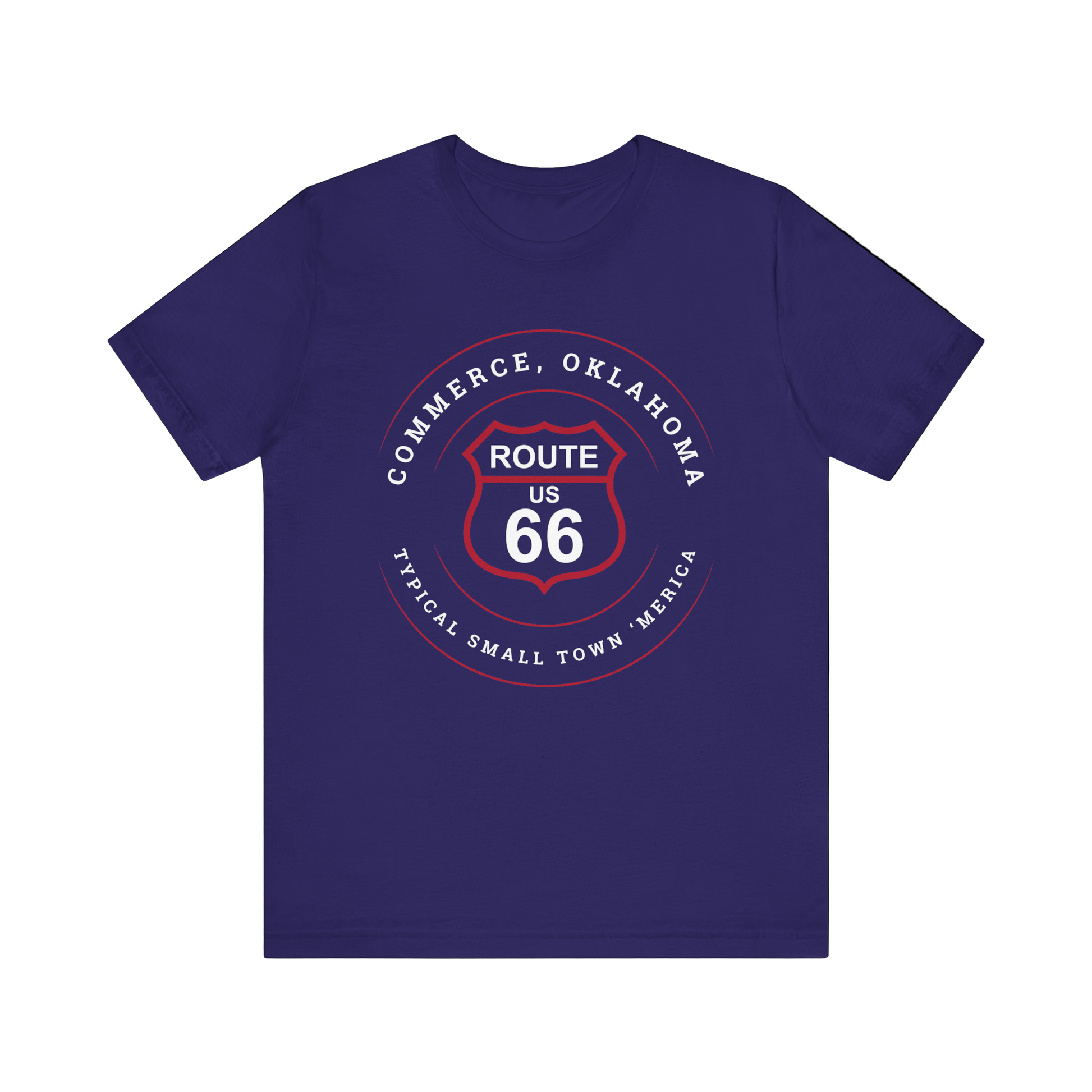 Team navy retro Route 66 unisex jersey tee with Commerce, OK "Typical 'Small Town' America" design