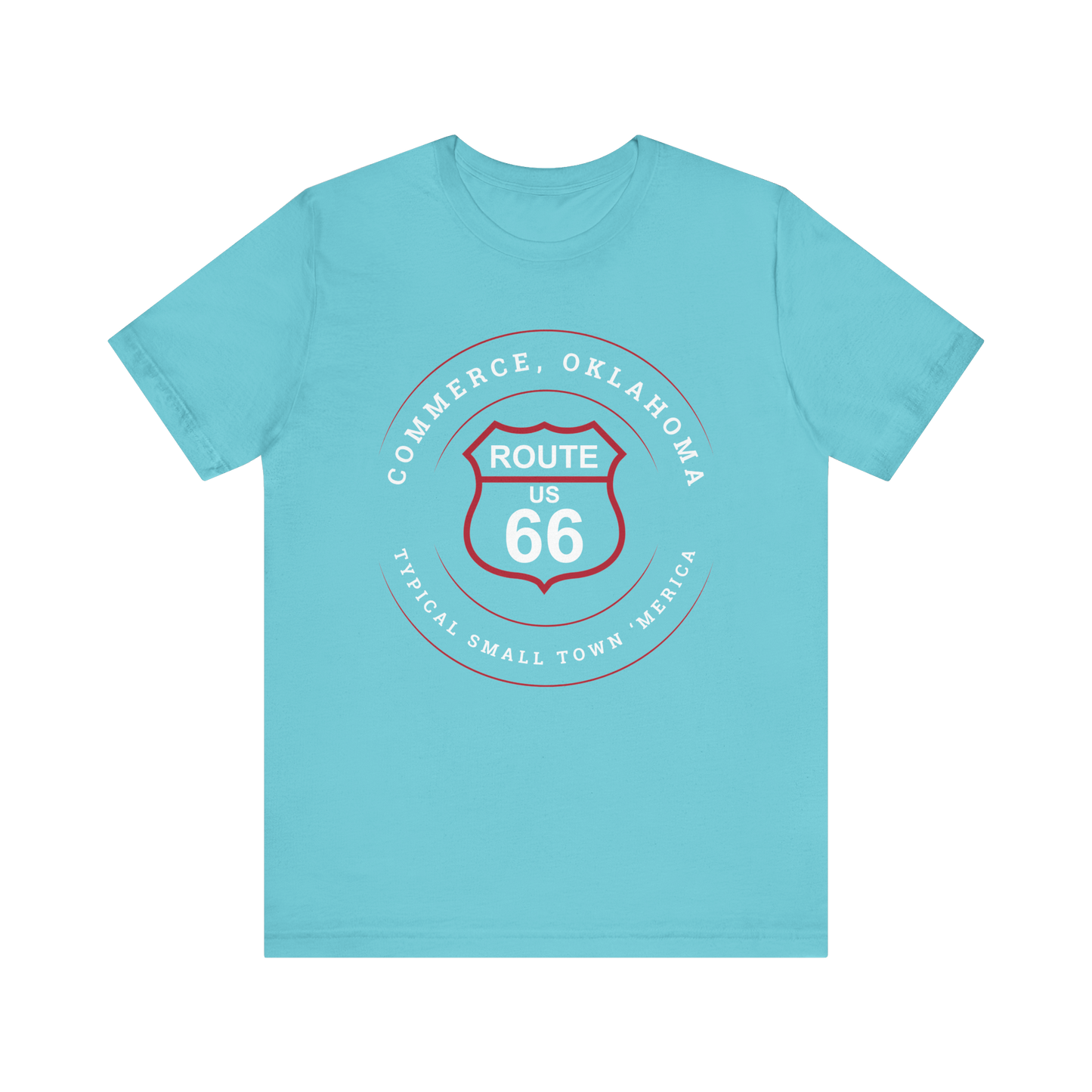 Turquoise retro Route 66 unisex jersey tee with Commerce, OK "Typical 'Small Town' America" design
