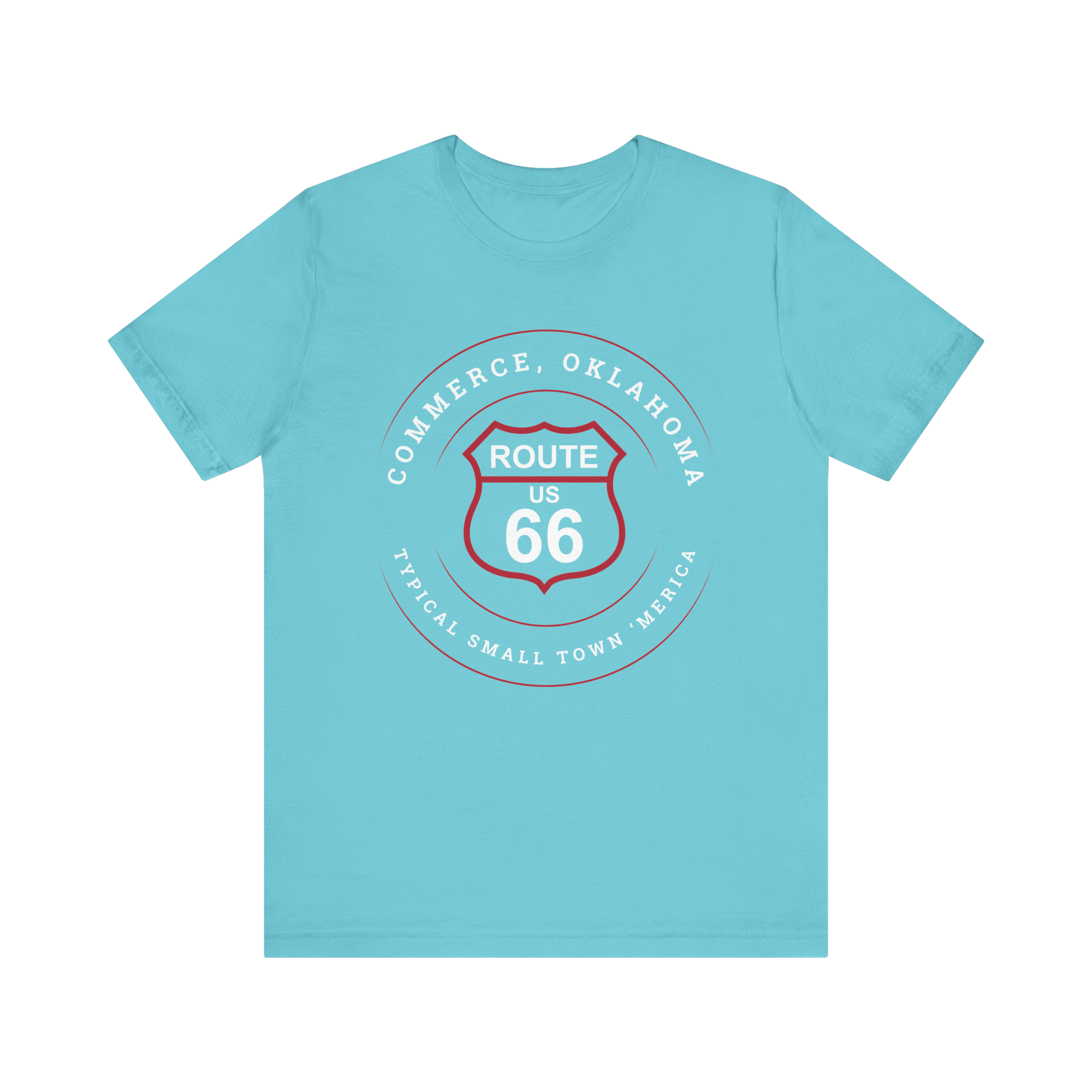 Turquoise retro Route 66 unisex jersey tee with Commerce, OK "Typical 'Small Town' America" design
