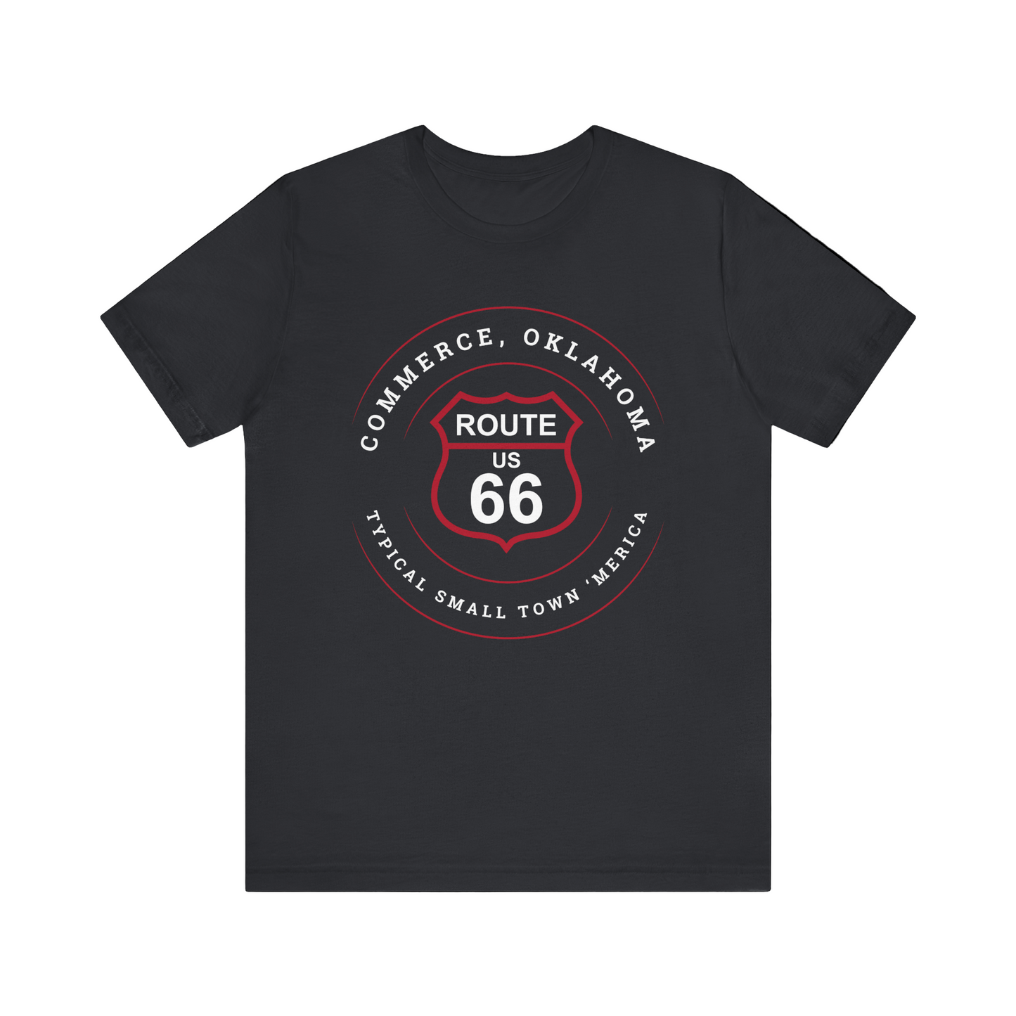 Vintage black retro Route 66 unisex jersey tee with Commerce, OK "Typical 'Small Town' America" design